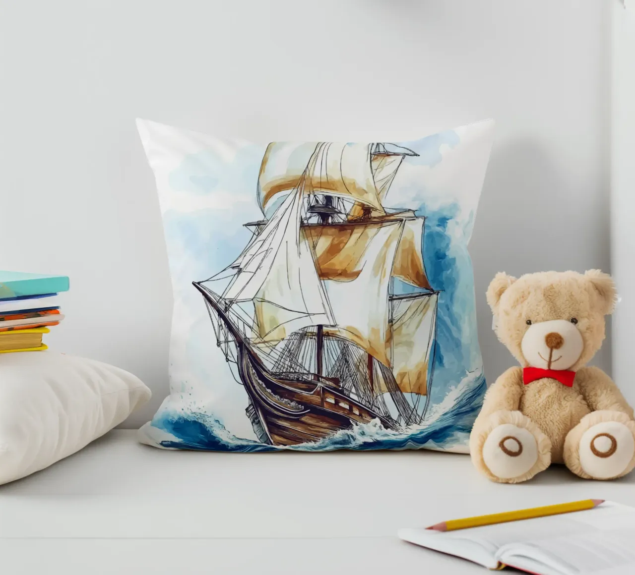 Acquerello di un veliero in mare cuscino da pixelbull - medieval art and more