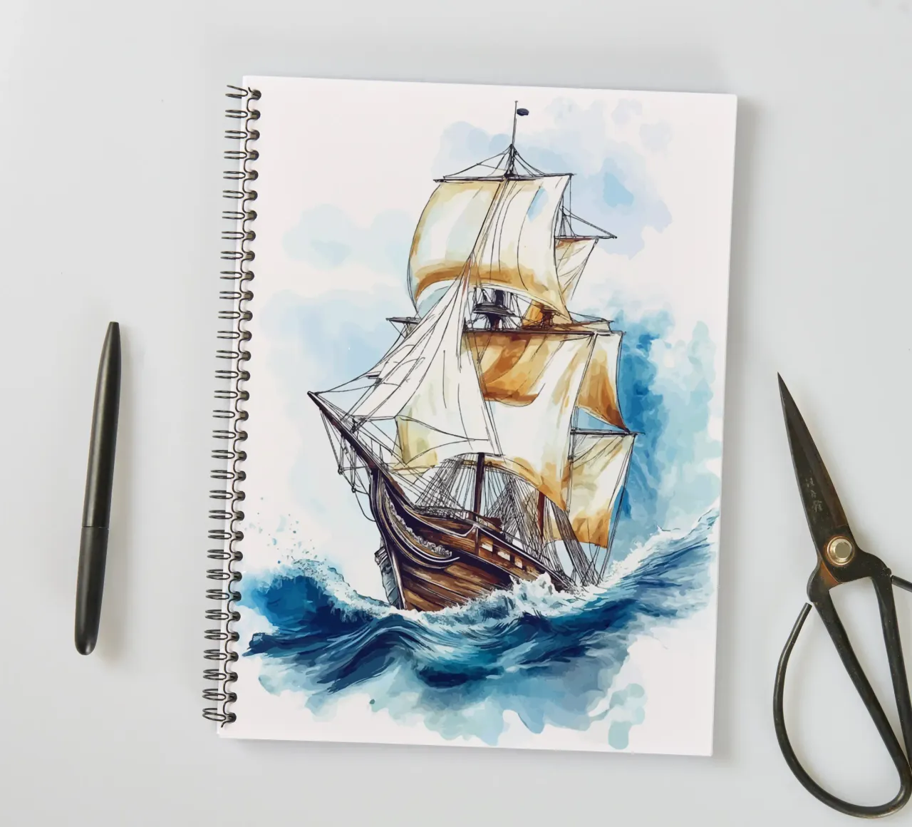 Watercolour of a sailing ship at sea spiral notebook by pixelbull - medieval art and more