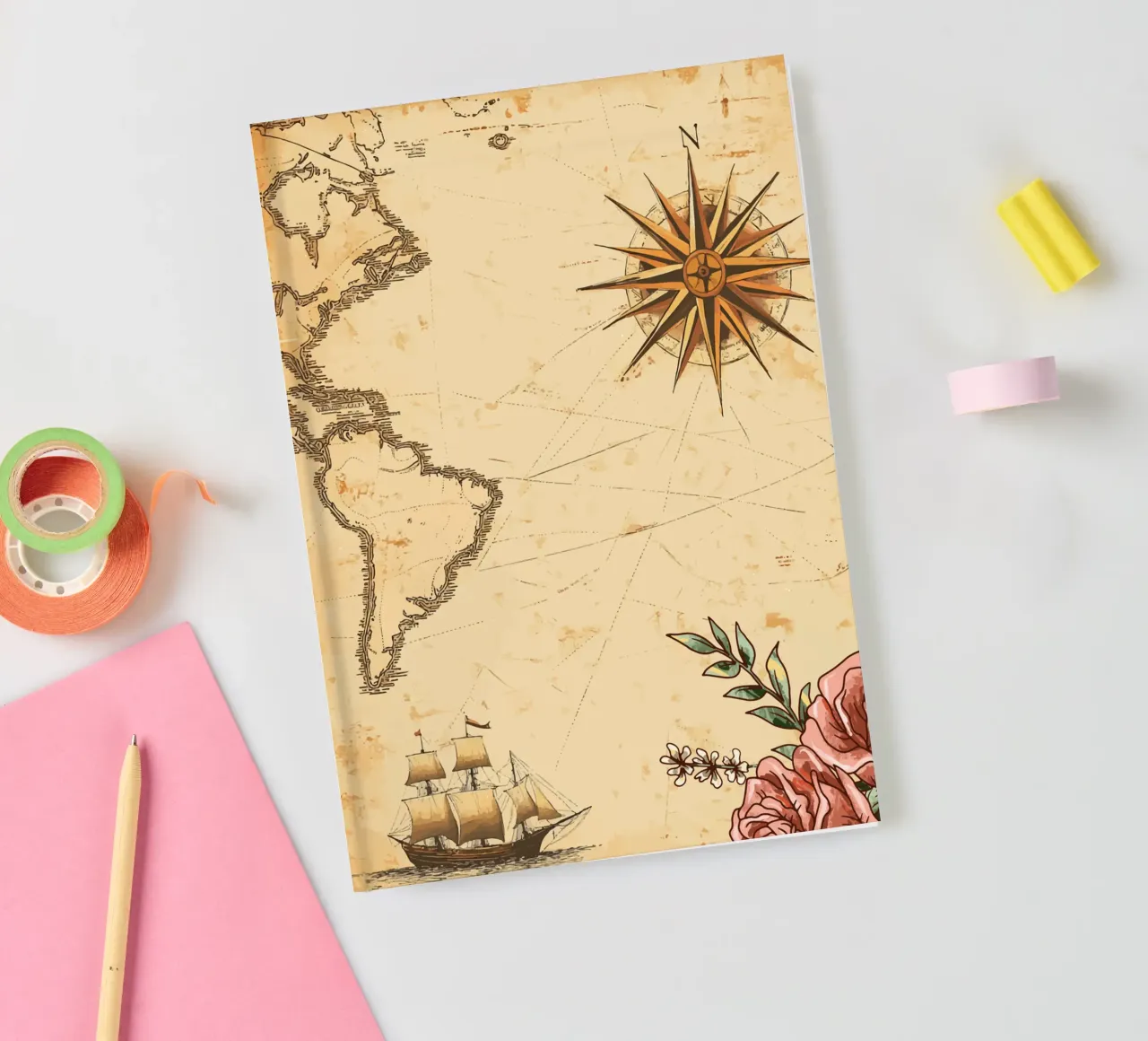 Old nautical chart with compass rose and ship notebook by pixelbull - medieval art and more