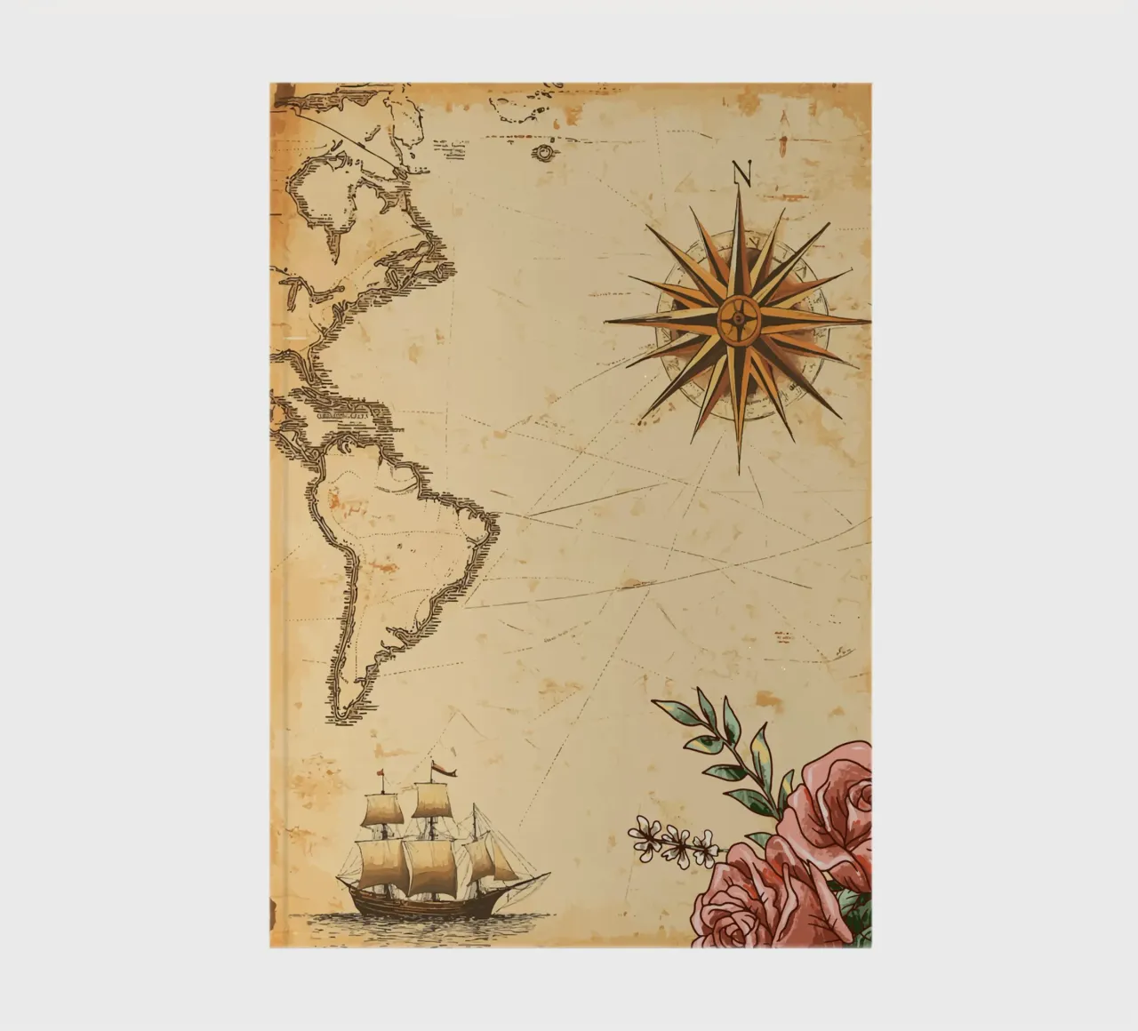 Old nautical chart with compass rose and ship notebook by pixelbull - medieval art and more