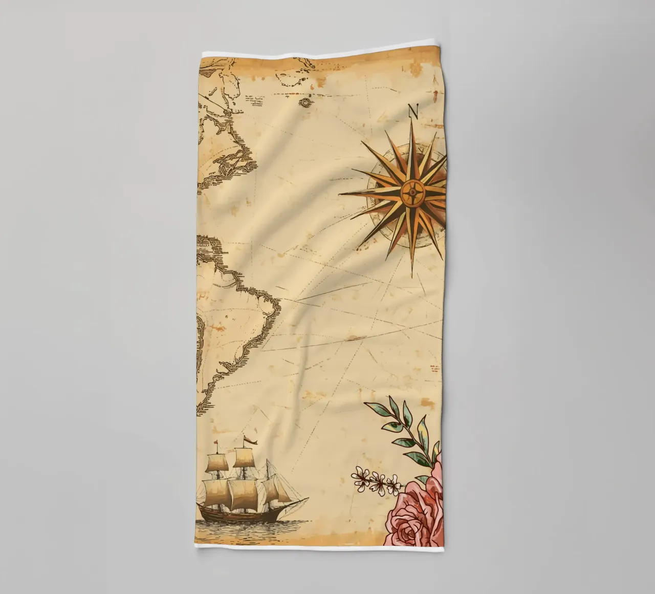 Old nautical chart with compass rose and ship towel by pixelbull - medieval art and more
