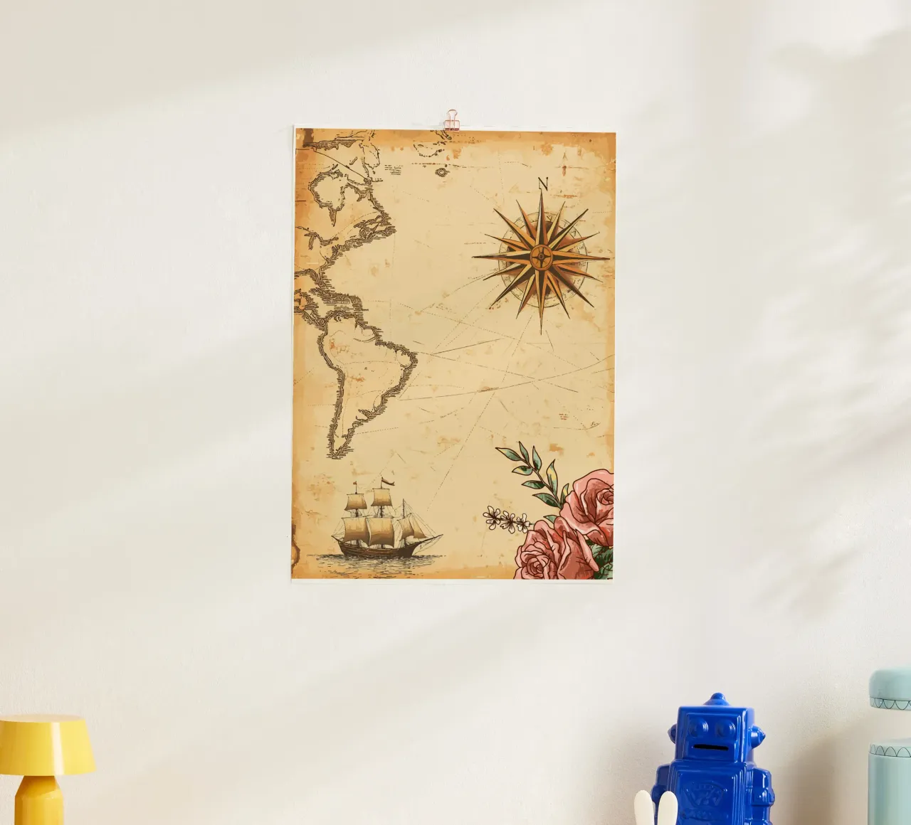 Vecchia carta nautica con rosa dei venti e nave poster da pixelbull - medieval art and more