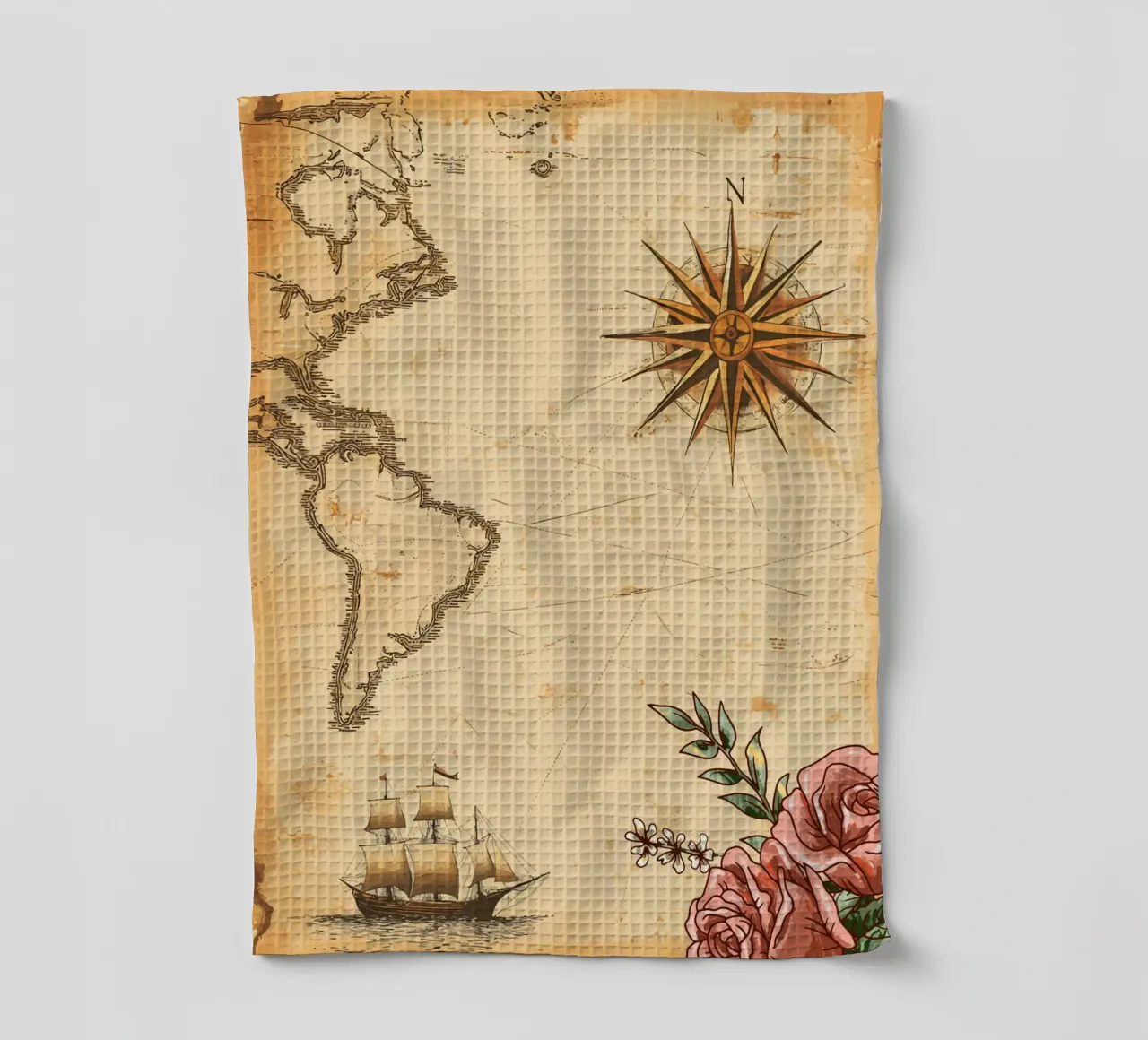 Ancienne carte marine avec rose de compas et bateau torchon de pixelbull - medieval art and more