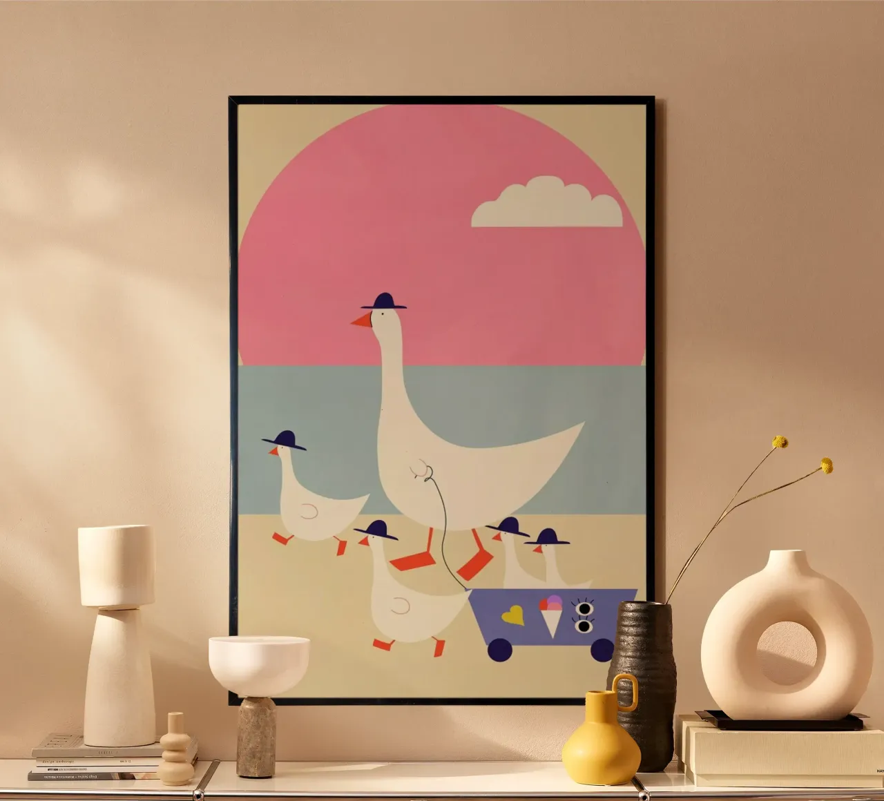 Geese on Vacation poster con telaio in legno da Little Flourishes
