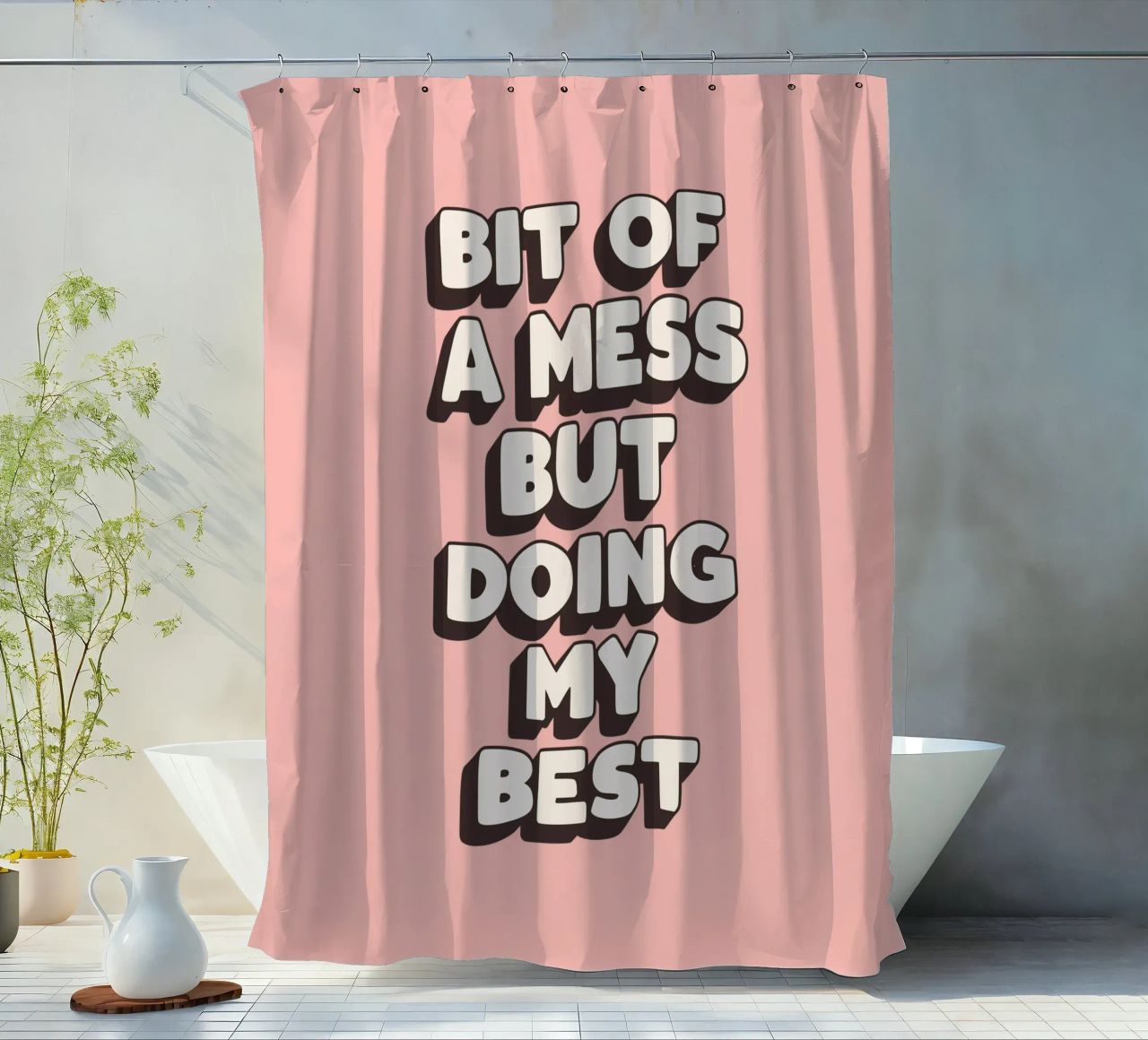 Beetje een rommeltje maar ik doe mijn best Typografie Print Perzik Roze douchegordijn van THE MOTIVATED TYPE