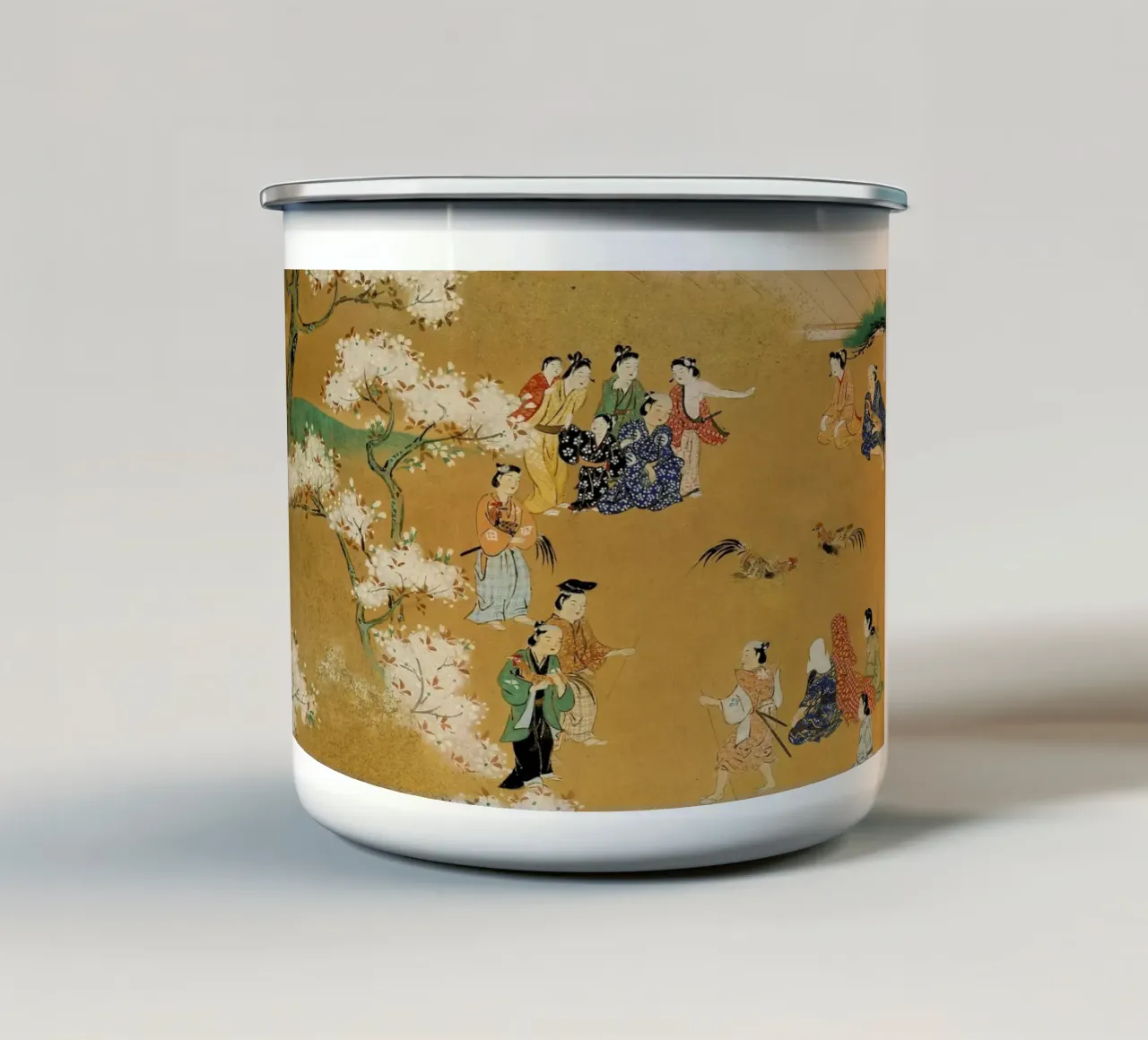 A Cock Fight Beneath Cherry Tree Blossoms enamel mug by ARTOTHEK