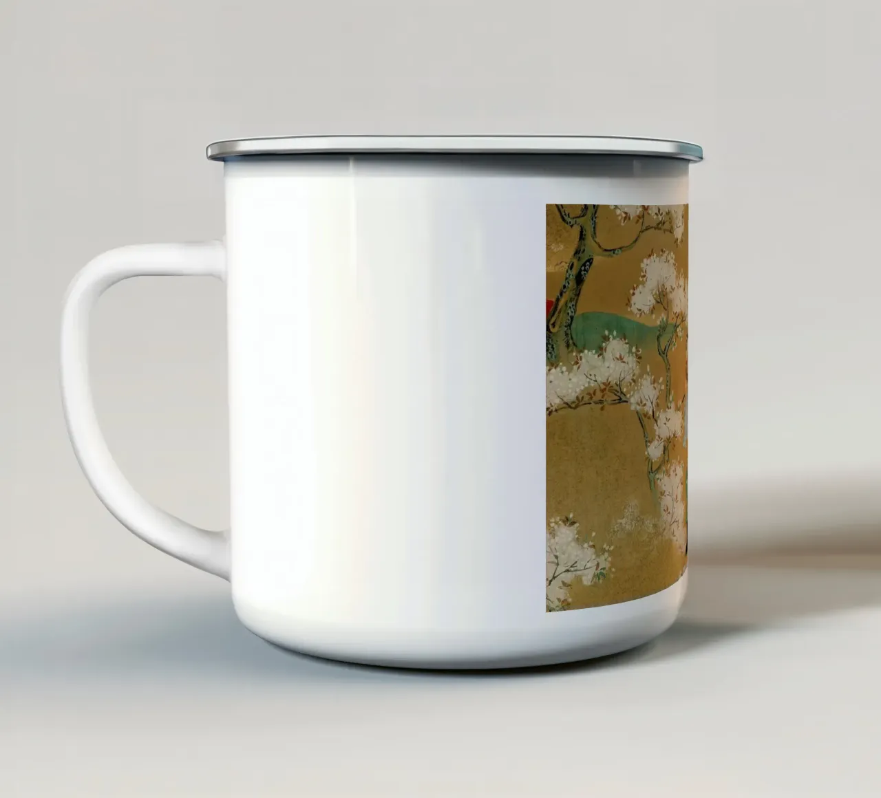 A Cock Fight Beneath Cherry Tree Blossoms enamel mug by ARTOTHEK