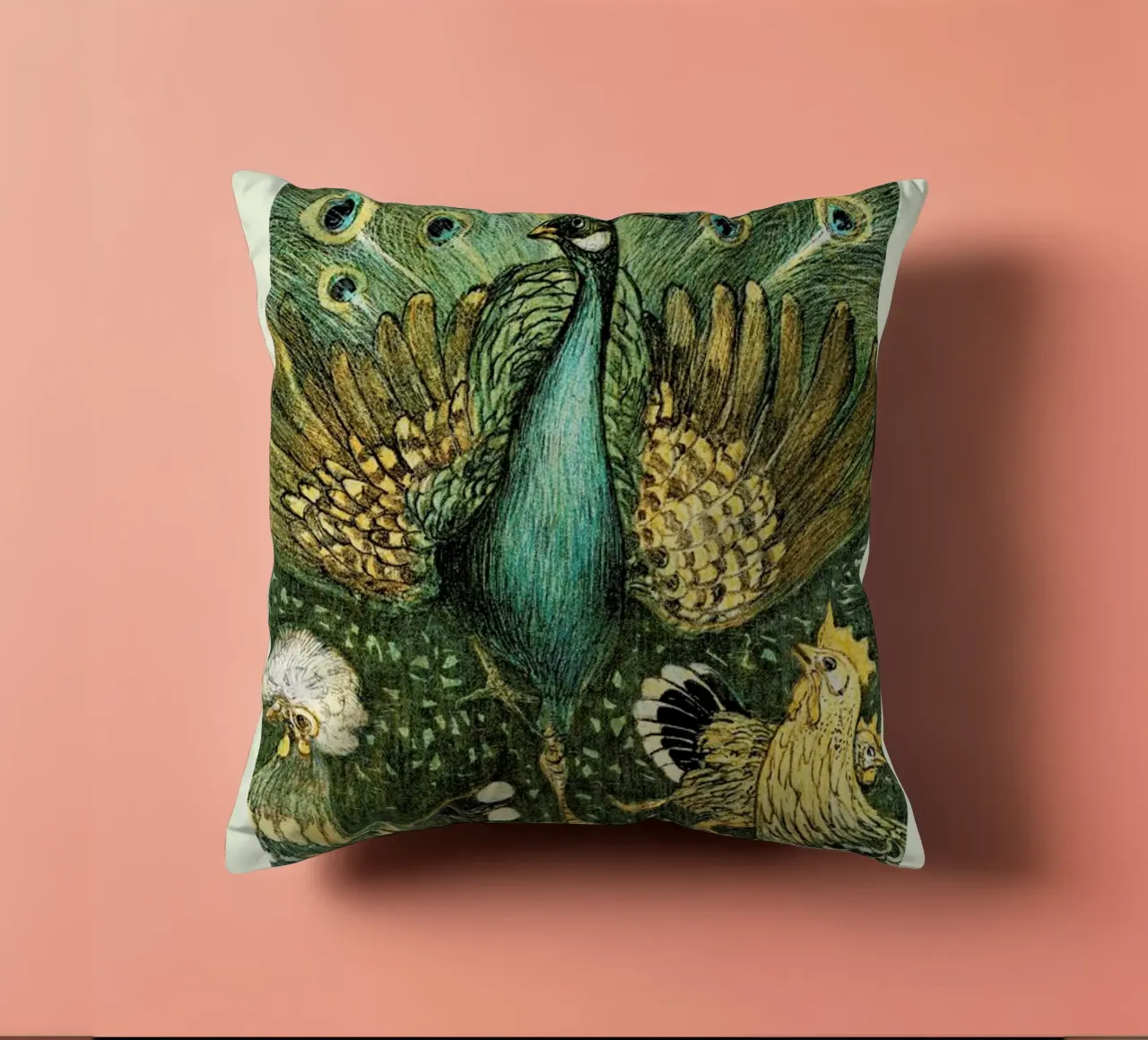 Van Hoytema - Pauw Met Kippen cuscino da Vintage by JUNIQE