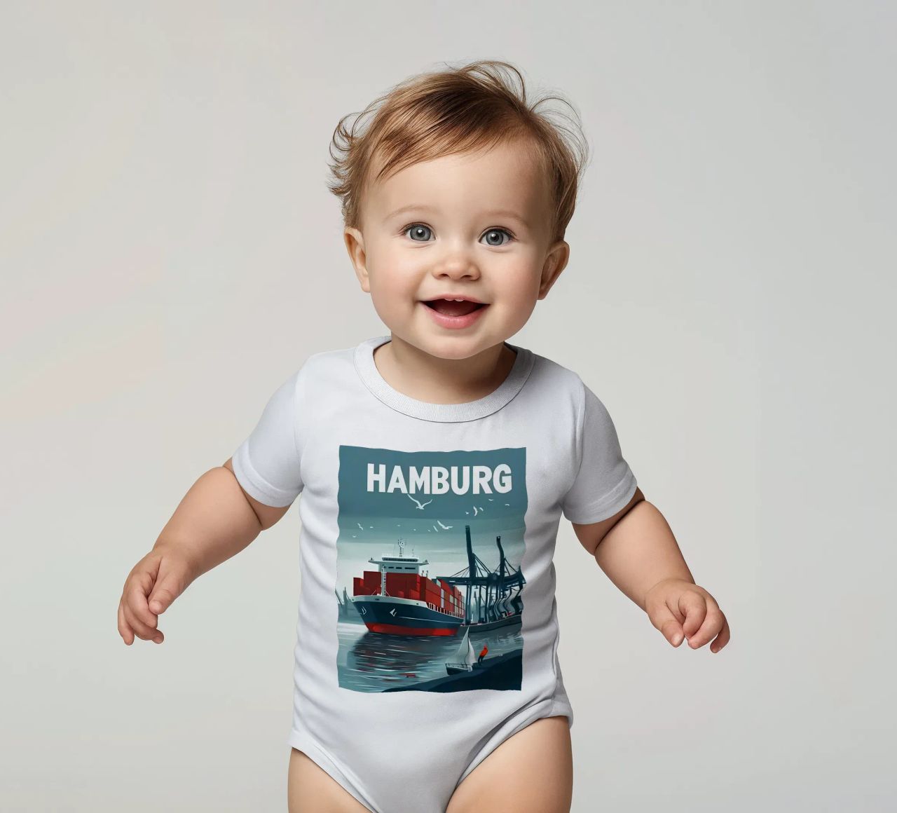 Containerschiff, Hafenkräne, Segelboot Kurzarm Babybody von Matthew W Smith
