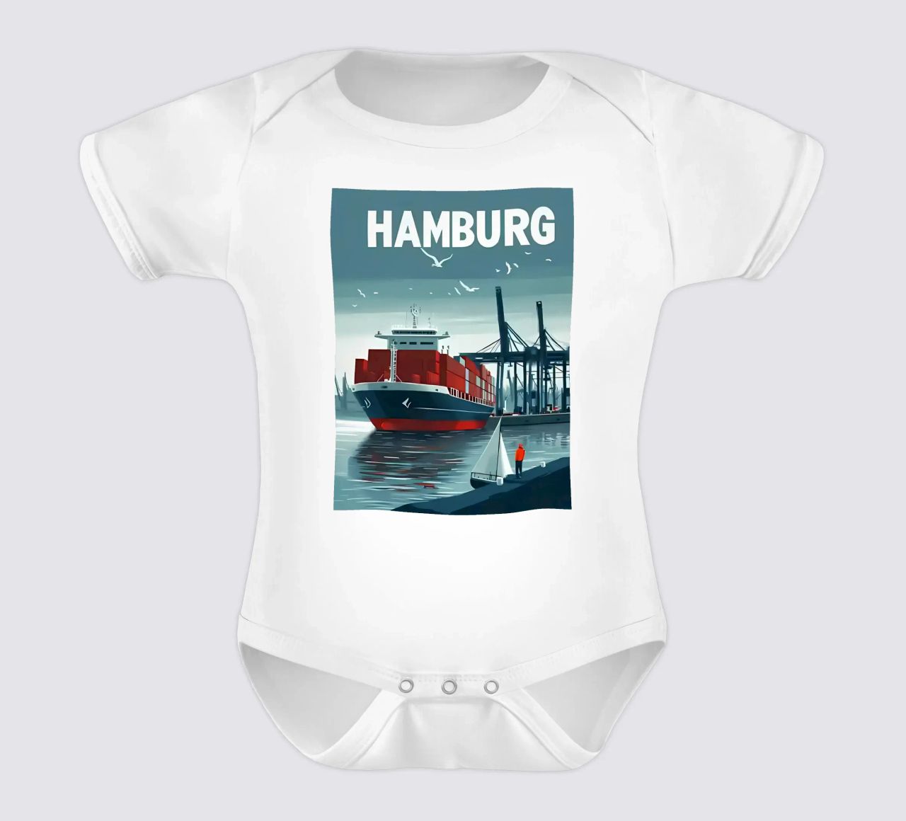 Containerschiff, Hafenkräne, Segelboot Kurzarm Babybody von Matthew W Smith