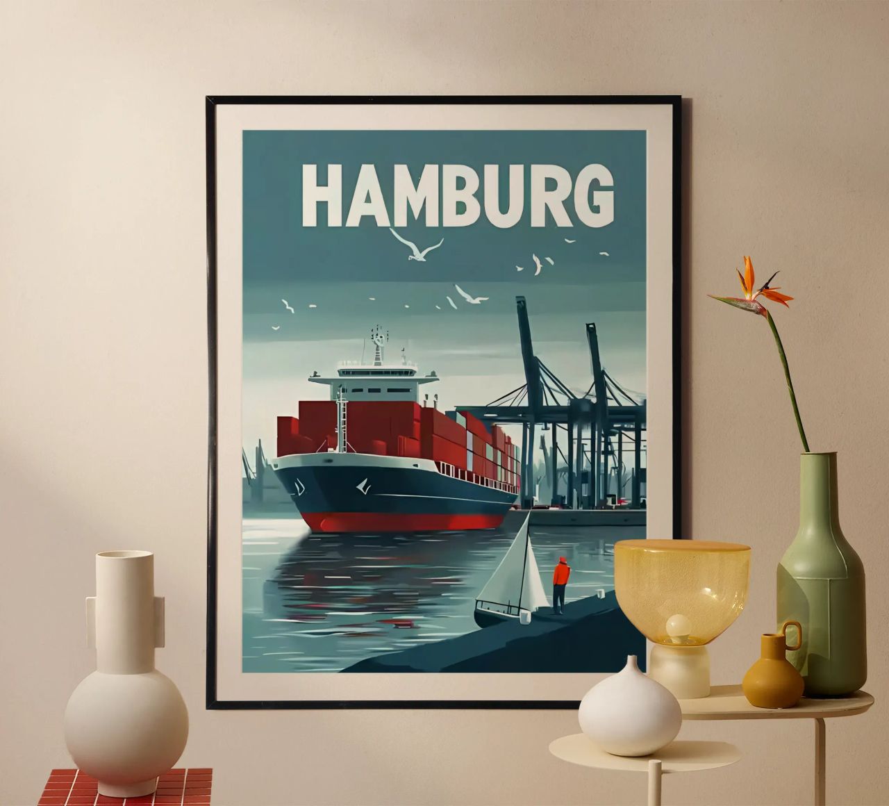 Containerschiff, Hafenkräne, Segelboot Poster von Matthew W Smith
