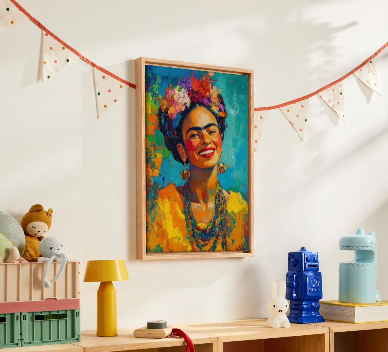 Frida Kahlo: A sunny day of inner strength canvas with Floater frame by Fantasias Florales