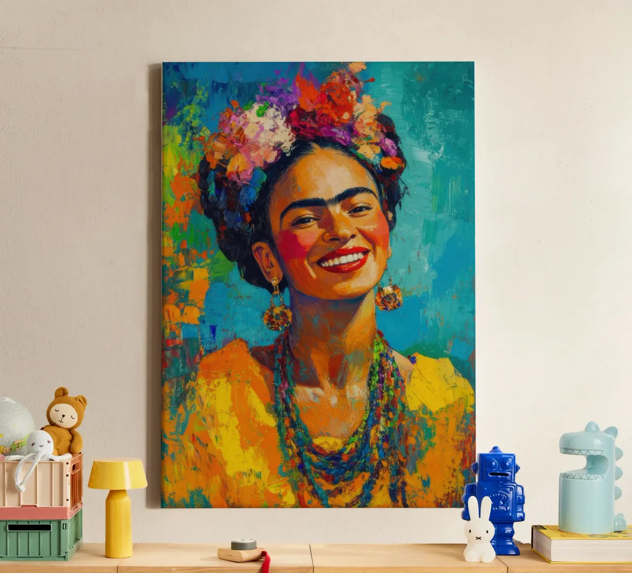 Frida Kahlo: A sunny day of inner strength canvas with Floater frame by Fantasias Florales