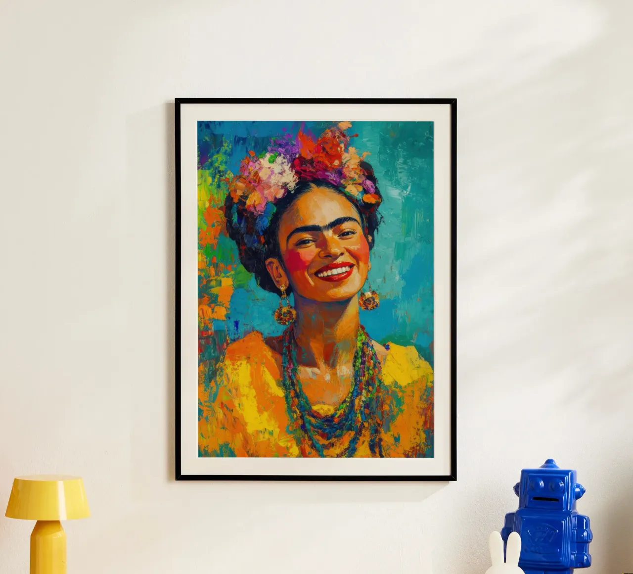Frida Kahlo: una giornata di sole e di forza interiore poster con telaio in legno da Fantasias Florales