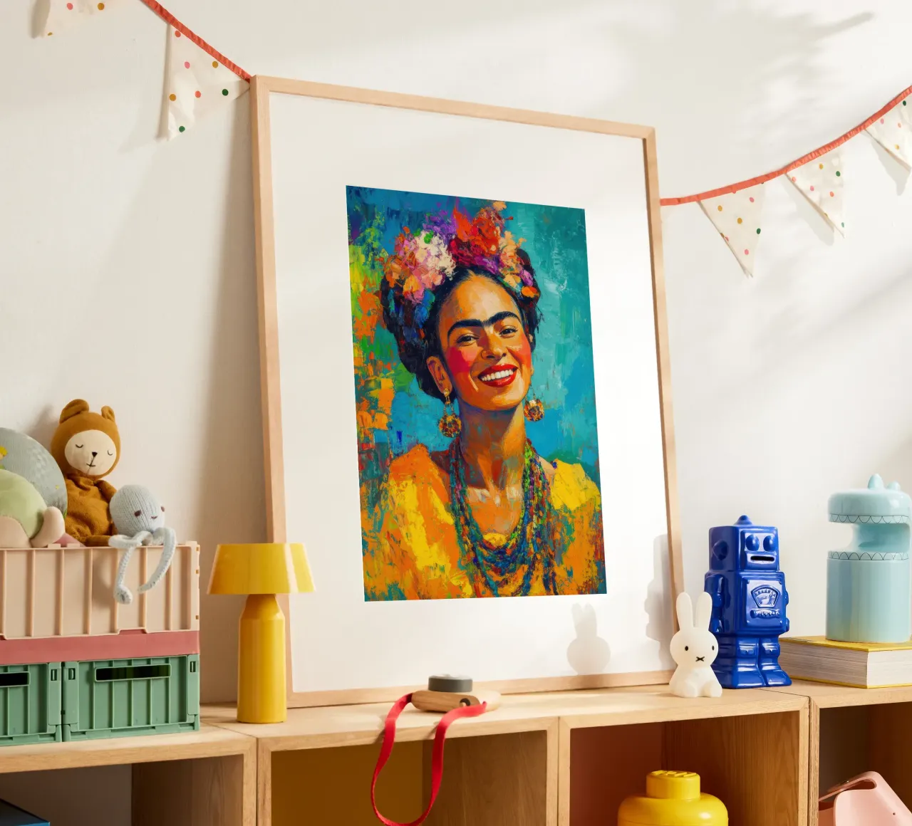 Frida Kahlo: una giornata di sole e di forza interiore poster con telaio in legno da Fantasias Florales