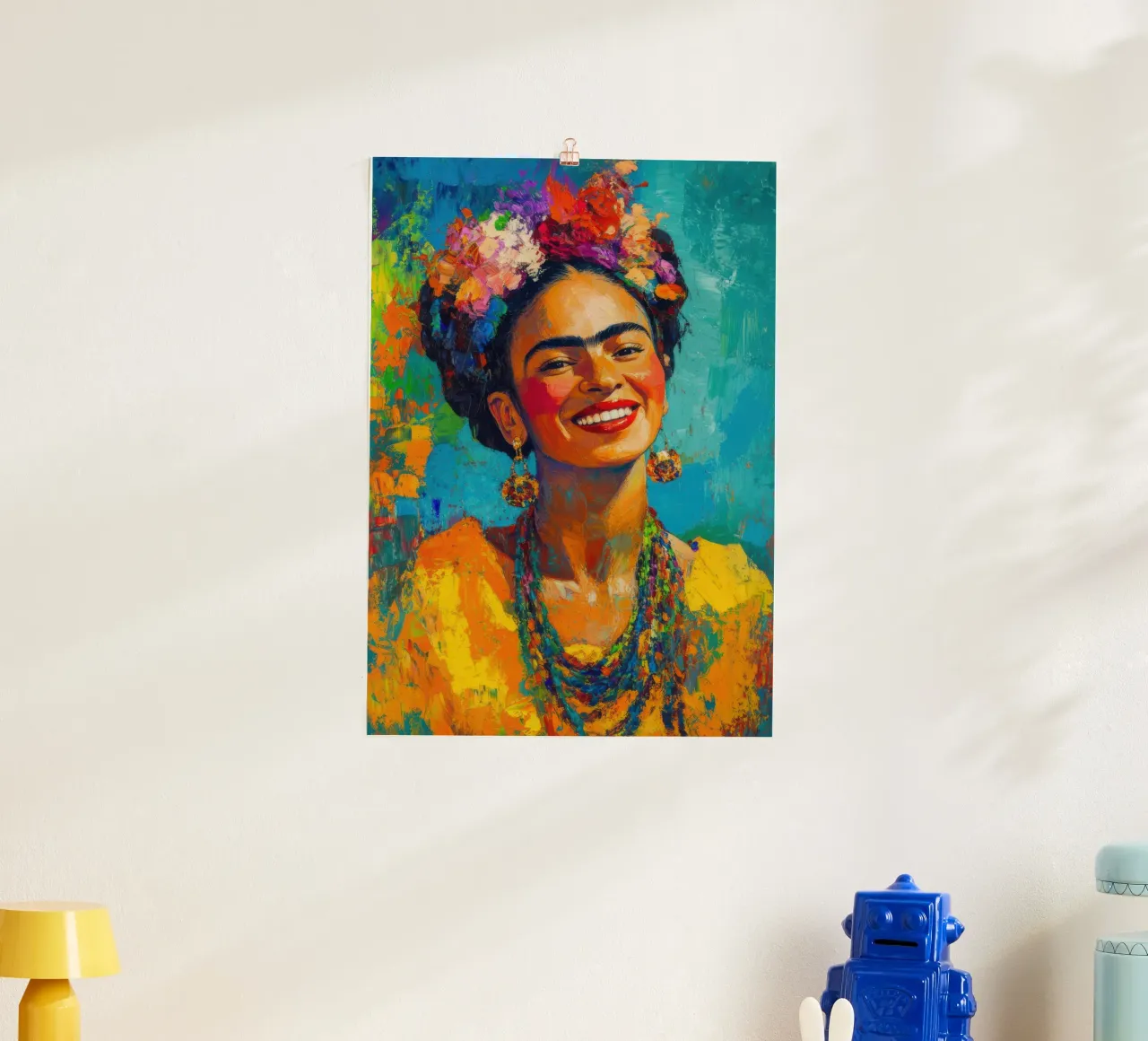Frida Kahlo: una giornata di sole e di forza interiore poster con telaio in legno da Fantasias Florales