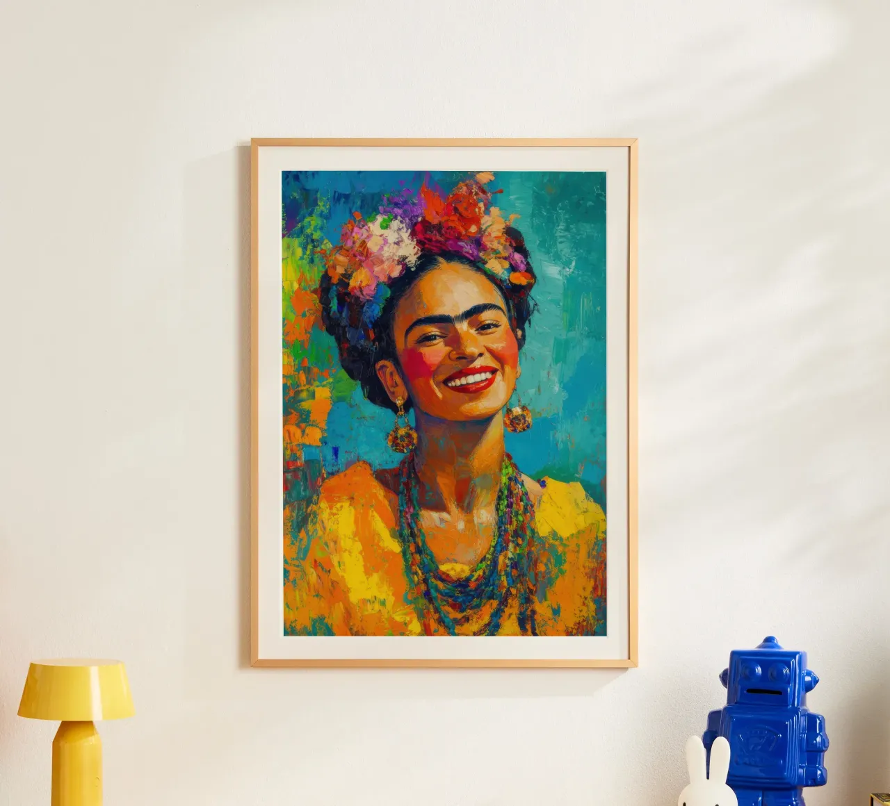 Frida Kahlo: una giornata di sole e di forza interiore poster con telaio in legno da Fantasias Florales
