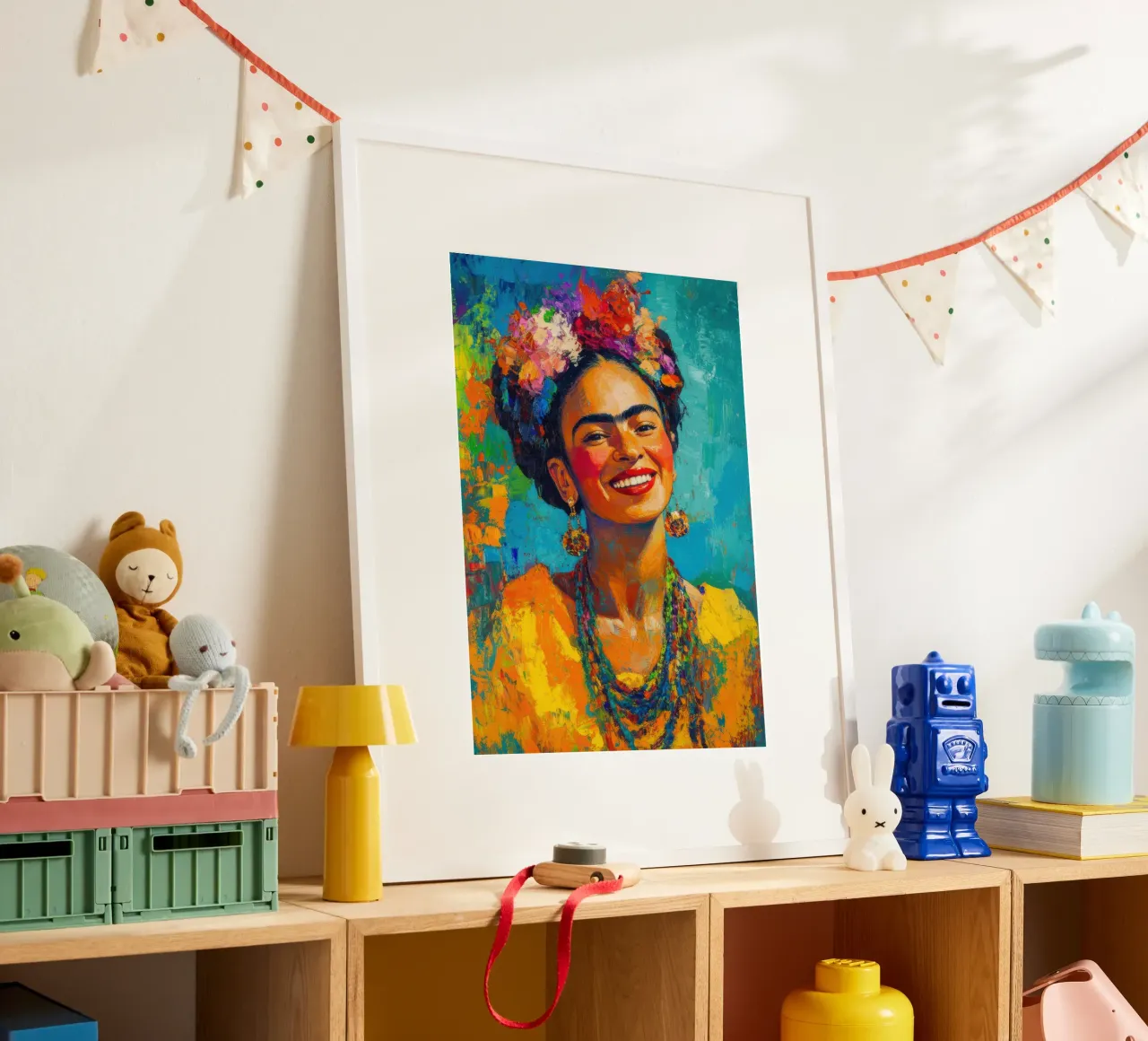 Frida Kahlo: una giornata di sole e di forza interiore poster con telaio in legno da Fantasias Florales