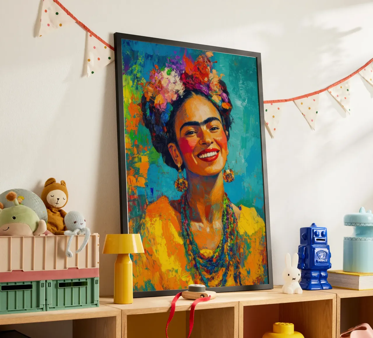 Frida Kahlo: una giornata di sole e di forza interiore poster con telaio in legno da Fantasias Florales