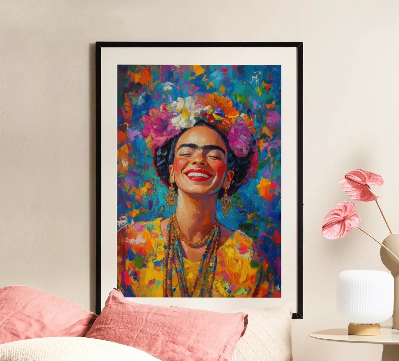 Frida Kahlo: ritratto di un futuro luminoso poster con telaio in legno da Fantasias Florales