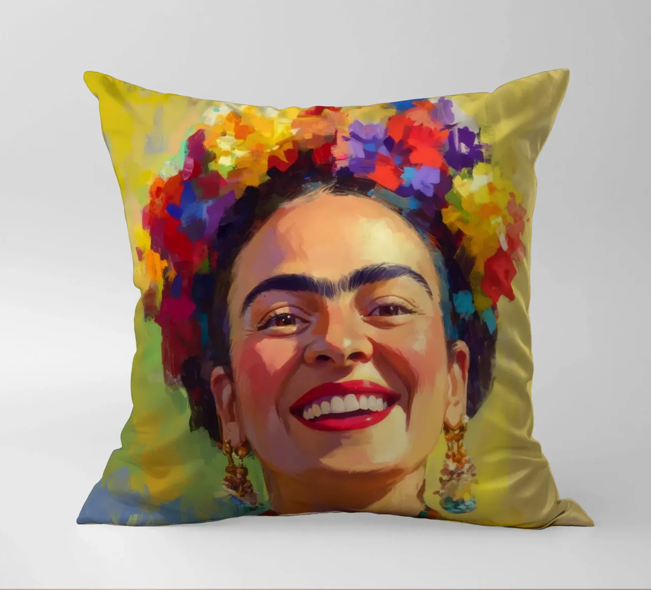 Frida Kahlo: I colori del trionfo, un omaggio alla vita cuscino da Fantasias Florales