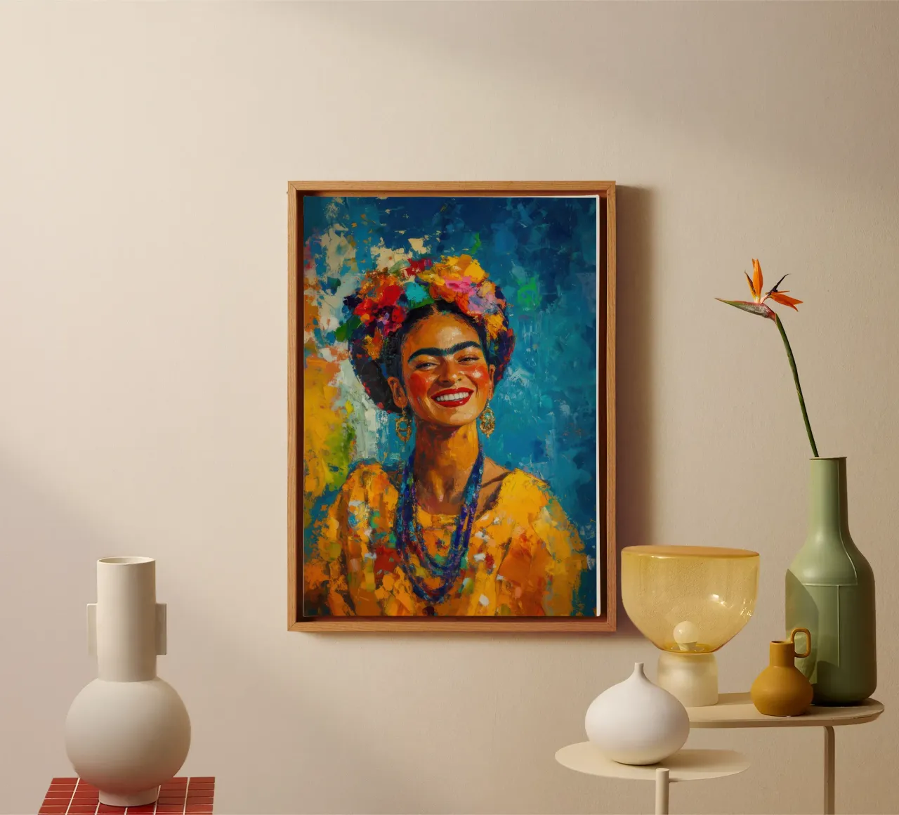 Frida Kahlo: A symphony of joie de vivre and acceptance canvas with Floater frame by Fantasias Florales