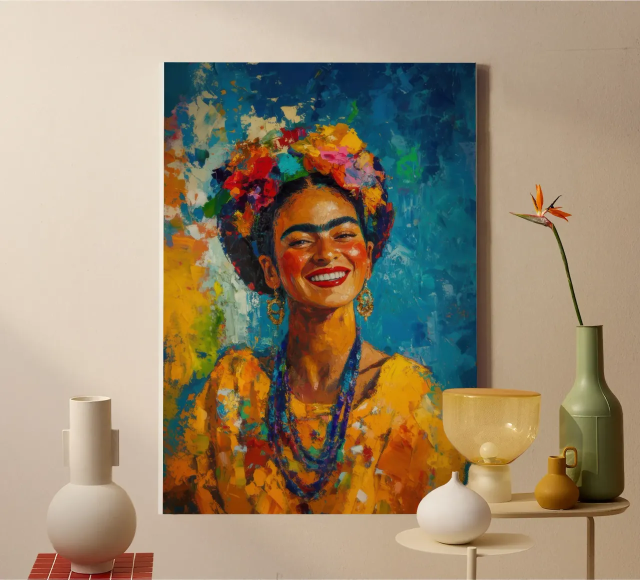 Frida Kahlo: A symphony of joie de vivre and acceptance canvas with Floater frame by Fantasias Florales