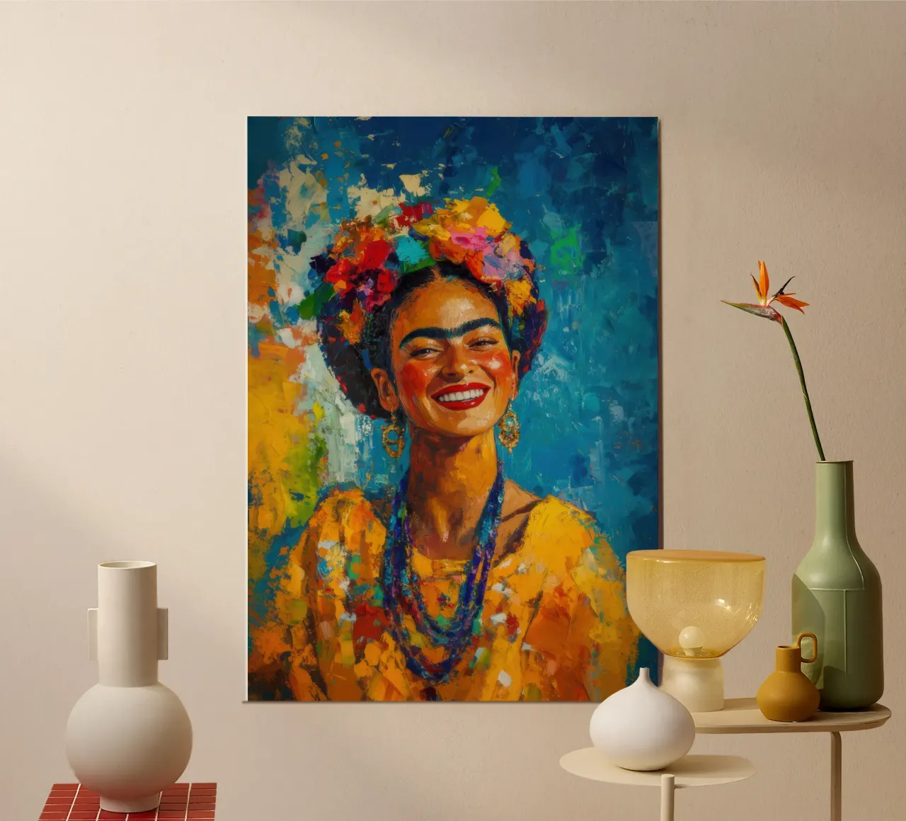 Frida Kahlo: una sinfonia di gioia di vivere e di accettazione poster con telaio in plastica da Fantasias Florales