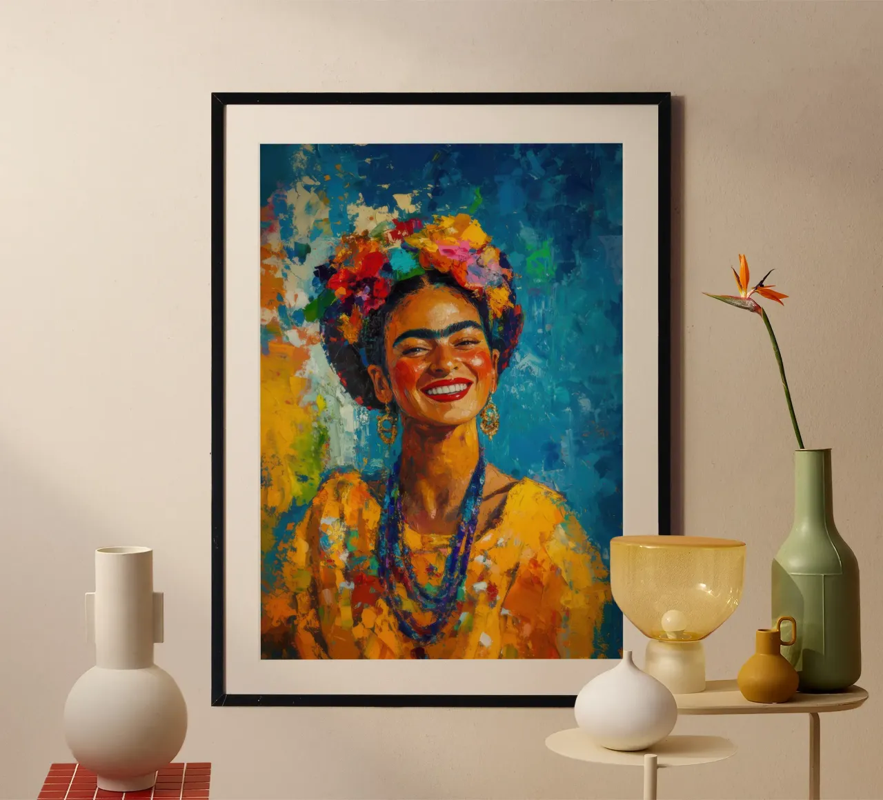 Frida Kahlo: una sinfonia di gioia di vivere e di accettazione poster con telaio in plastica da Fantasias Florales