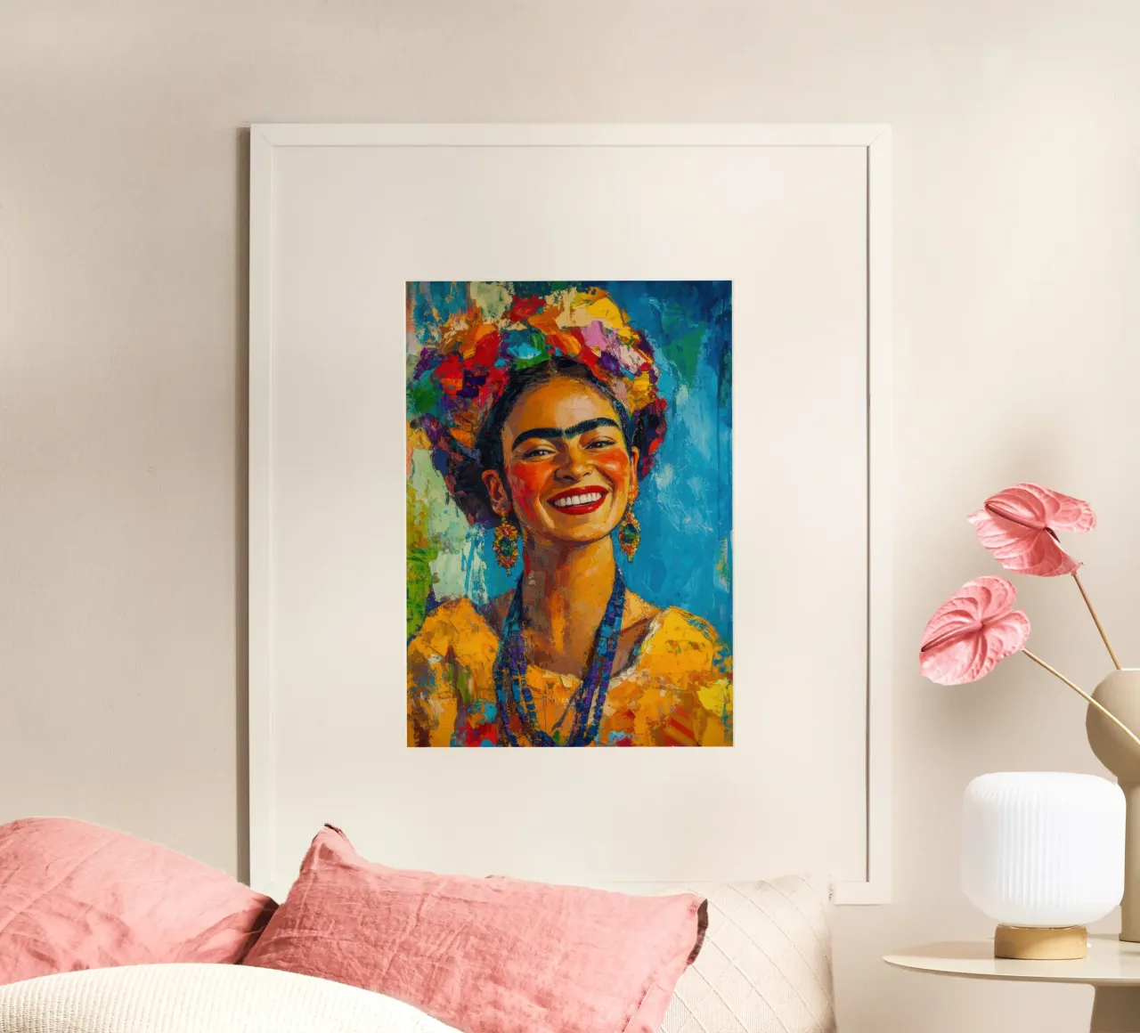 Frida Kahlo: un manifesto radioso della gioia di vivere poster con telaio in plastica da Fantasias Florales