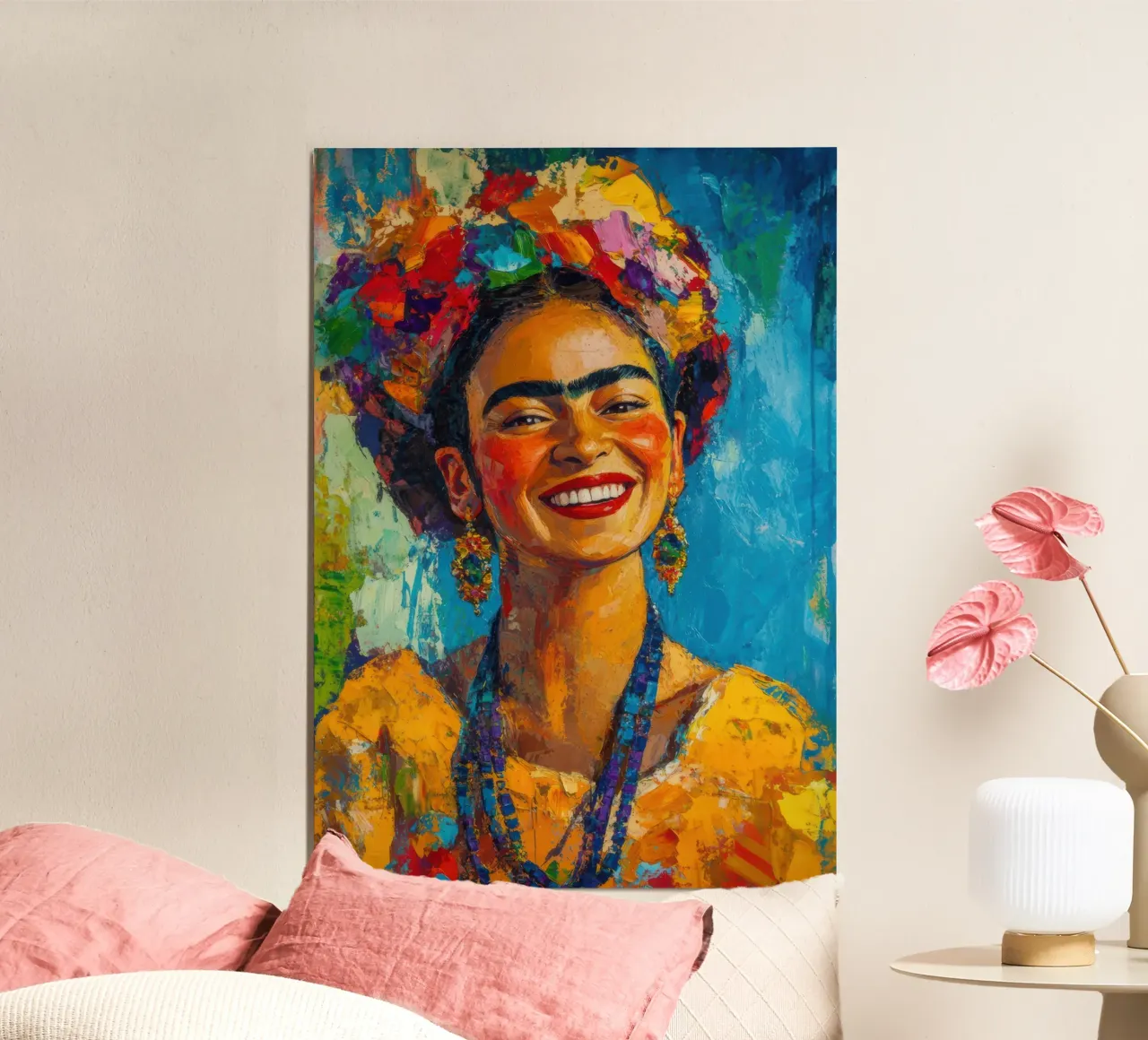 Frida Kahlo: un manifesto radioso della gioia di vivere poster con telaio in plastica da Fantasias Florales