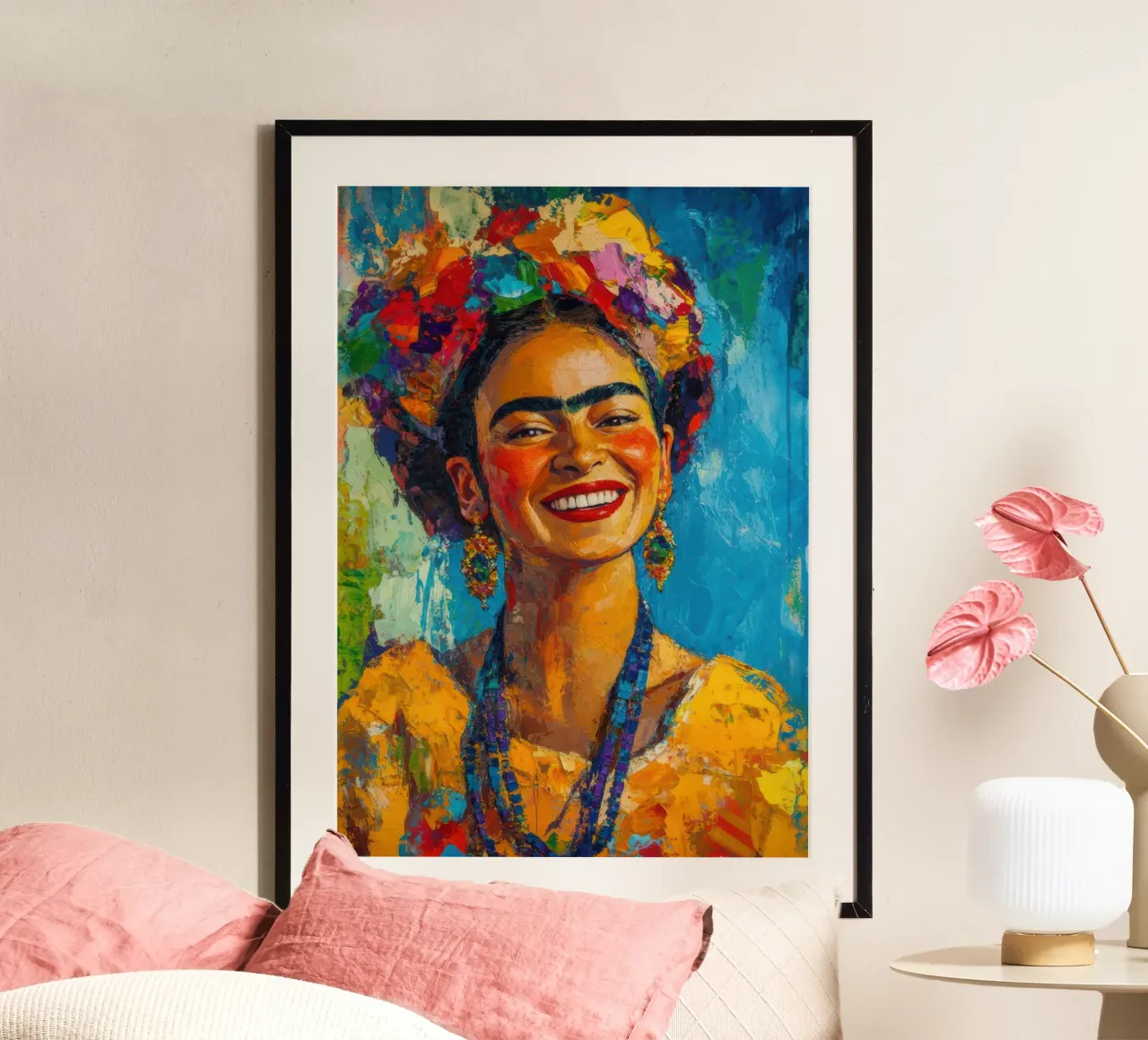 Frida Kahlo: un manifesto radioso della gioia di vivere poster con telaio in plastica da Fantasias Florales