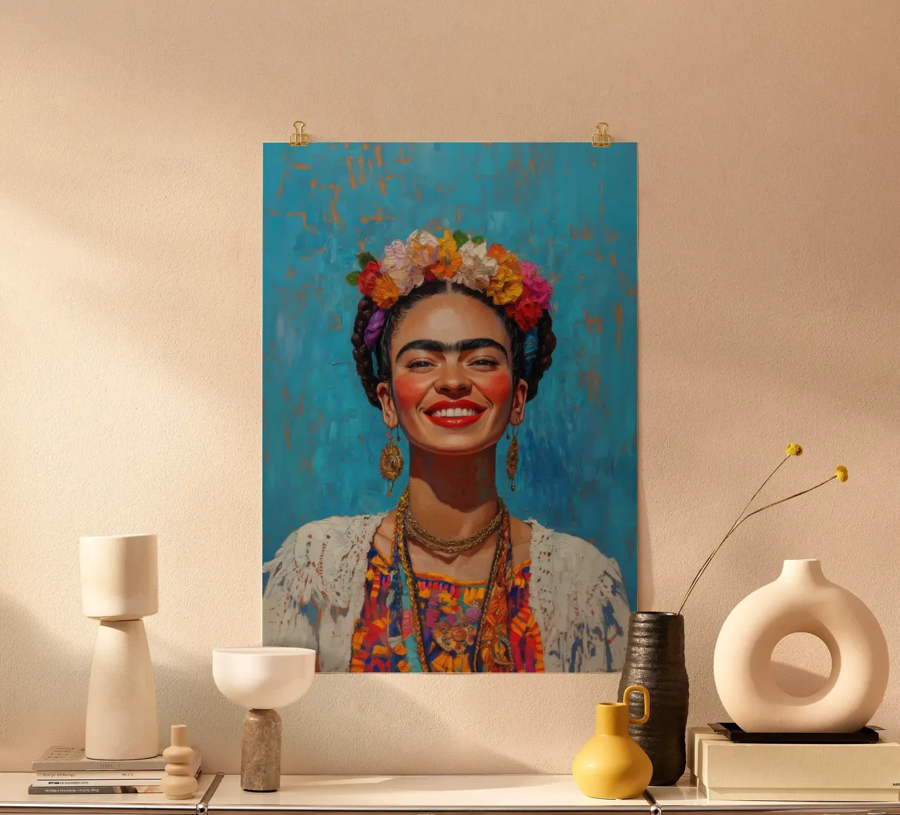 Frida Kahlo: un giardino di sogni poster con telaio in legno da Fantasias Florales