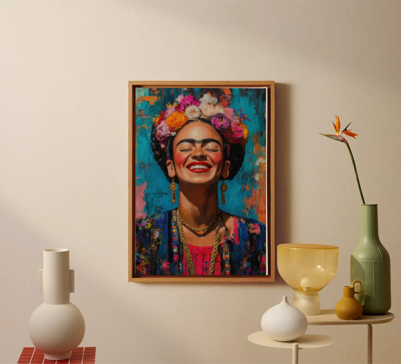 Frida Kahlo: dove i colori cantano e i cuori battono più forte tela con Cornice a cassetta da Fantasias Florales