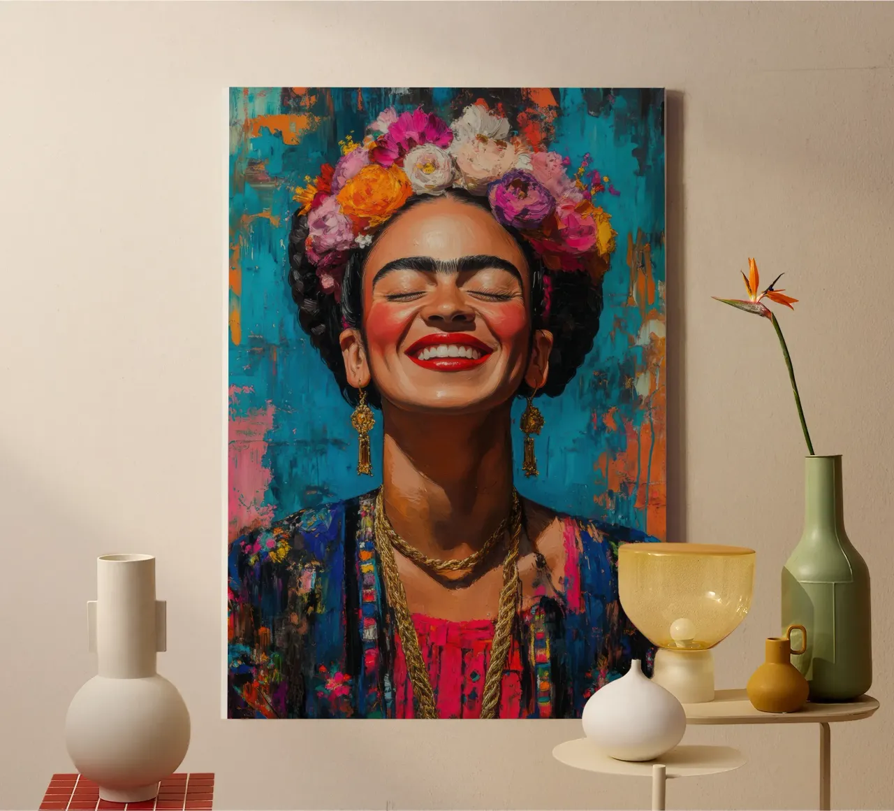 Frida Kahlo: dove i colori cantano e i cuori battono più forte tela con Cornice a cassetta da Fantasias Florales