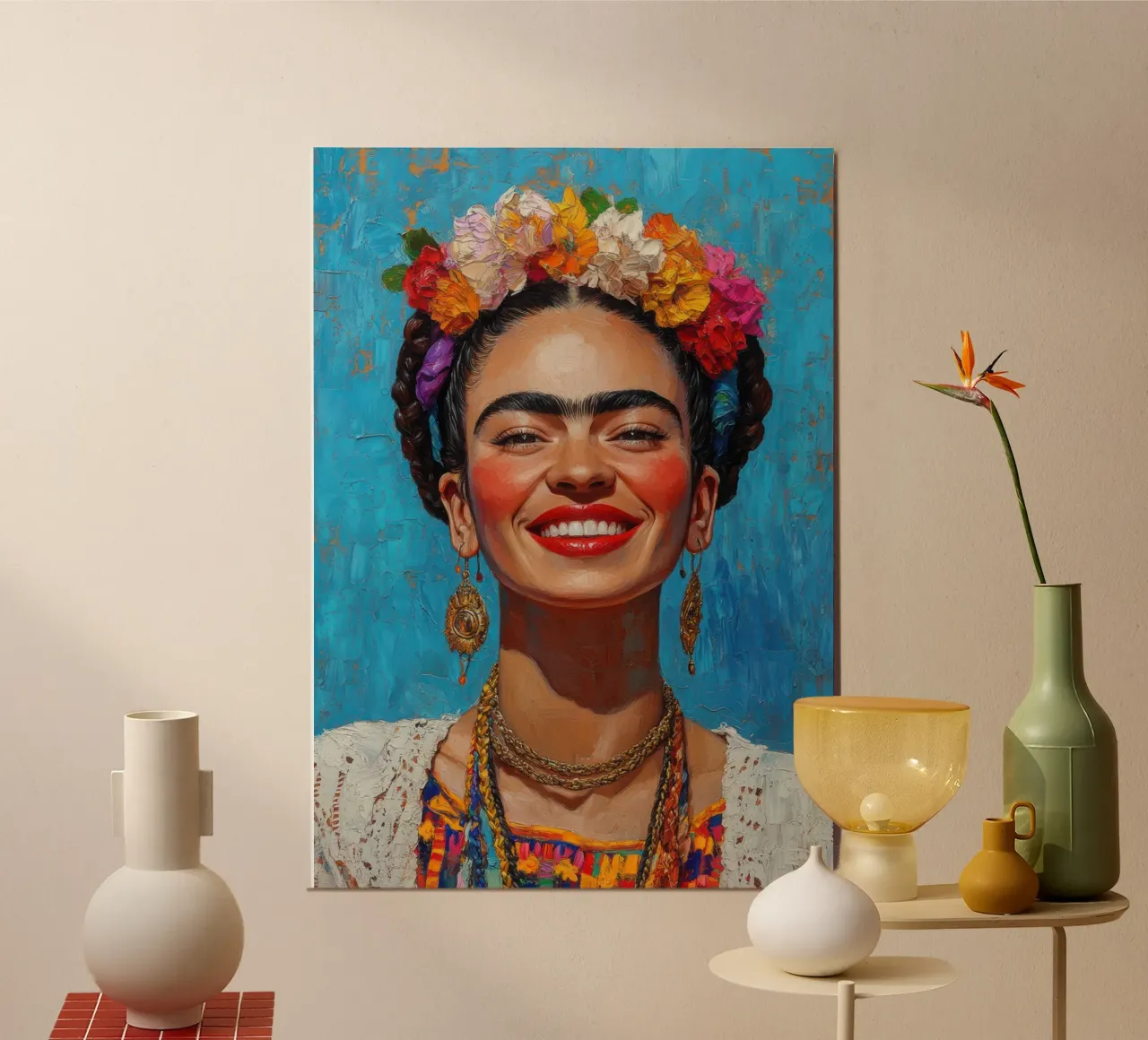 Frida Kahlo: i colori della vita poster con telaio in plastica da Fantasias Florales