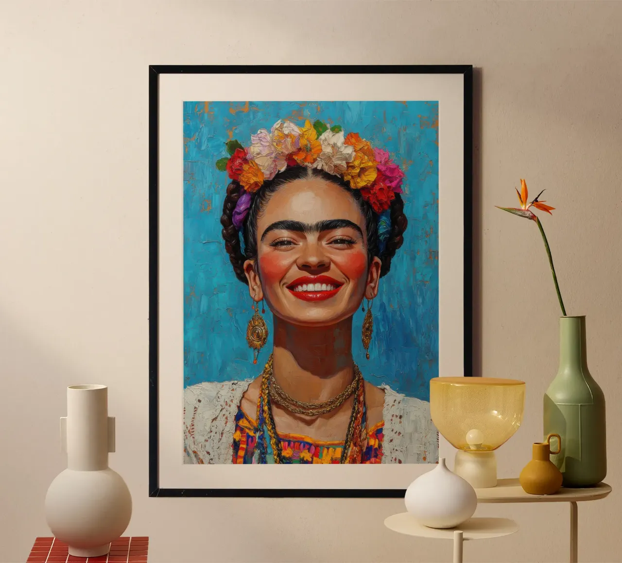 Frida Kahlo: i colori della vita poster con telaio in plastica da Fantasias Florales