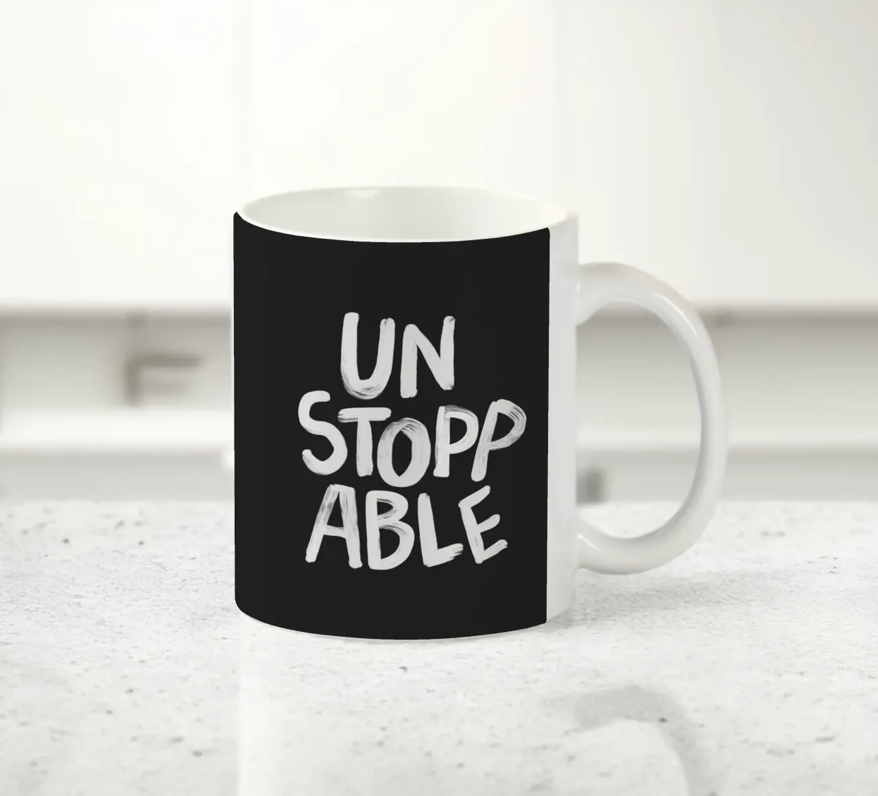 Unstoppable Motivational Typography Print in Black and White ceramic mug by THE MOTIVATED TYPE