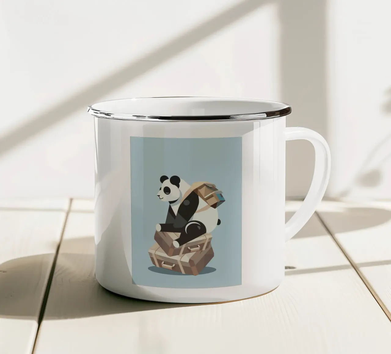 Panda sits on packed suitcases, ready for new adventures enamel mug by namosh