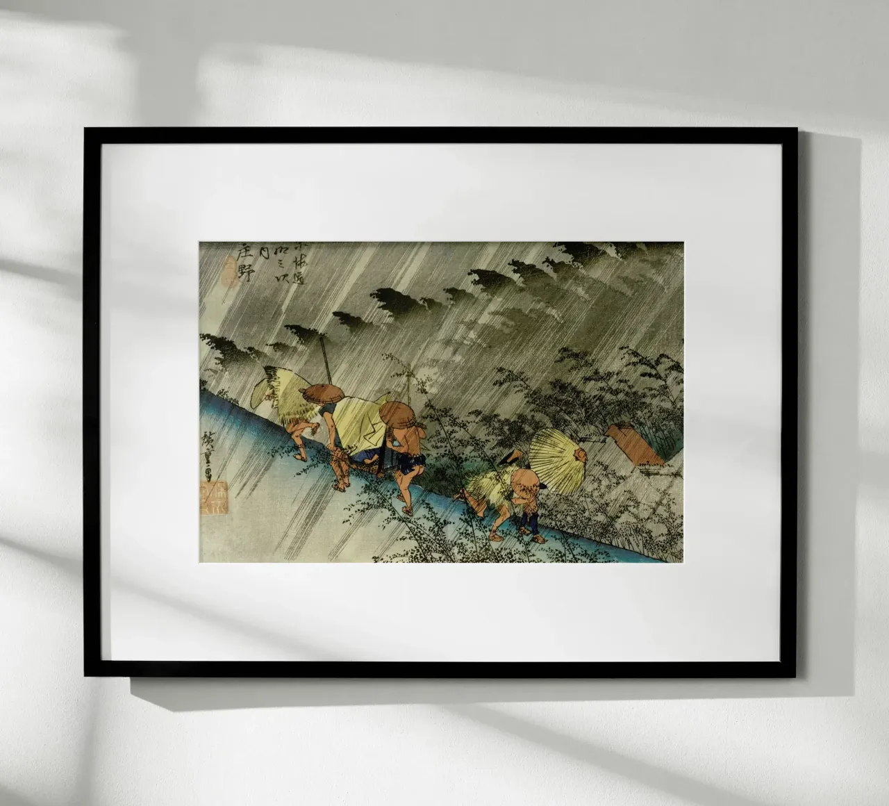 Hiroshige - Driving Rain, Shono poster con telaio in legno da ARTOTHEK