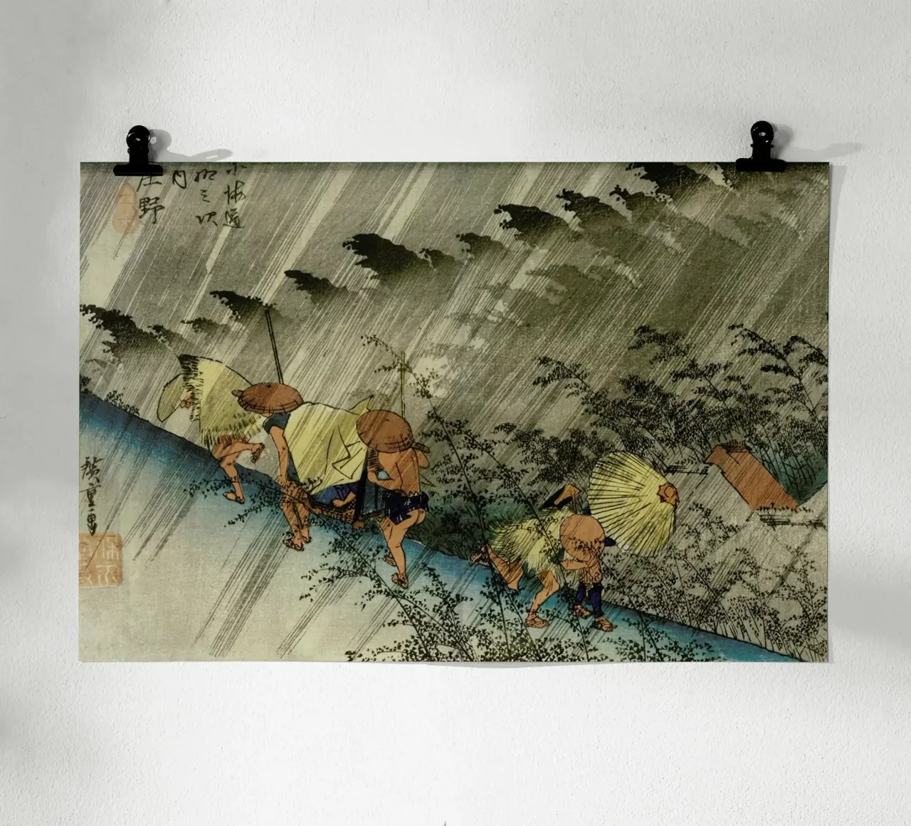 Hiroshige - Driving Rain, Shono poster con telaio in legno da ARTOTHEK