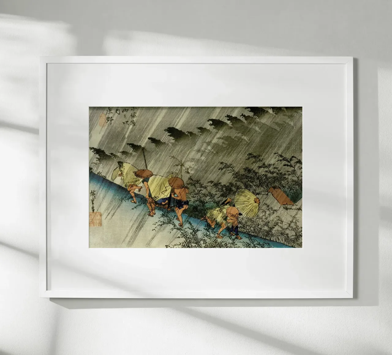 Hiroshige - Driving Rain, Shono poster con telaio in legno da ARTOTHEK