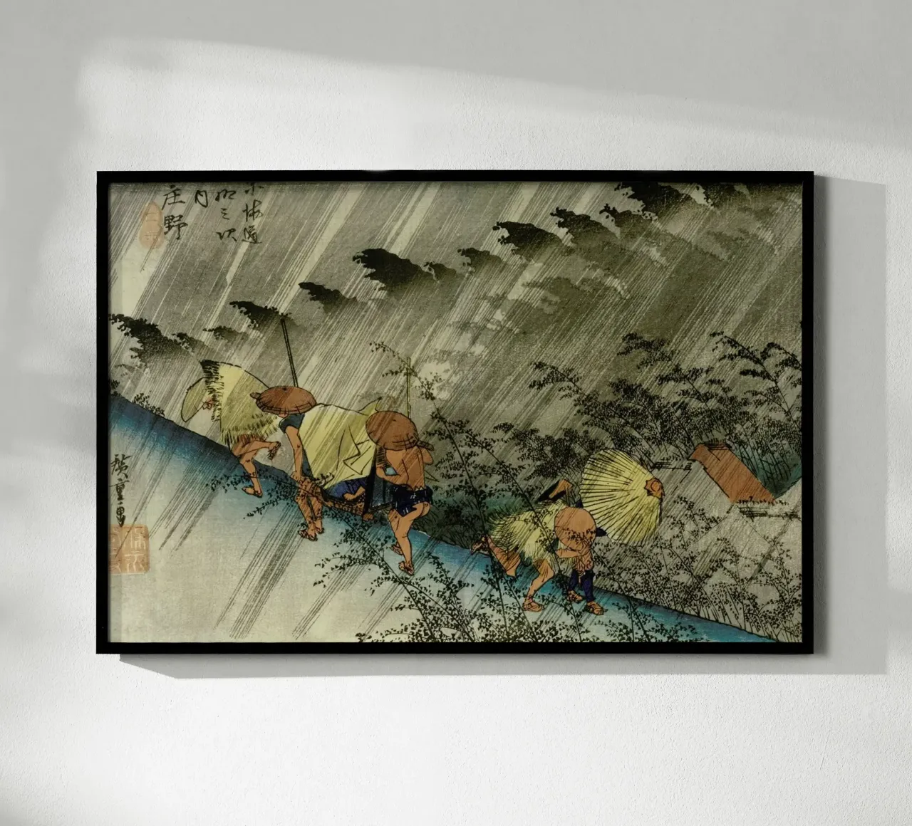 Hiroshige - Driving Rain, Shono poster con telaio in legno da ARTOTHEK