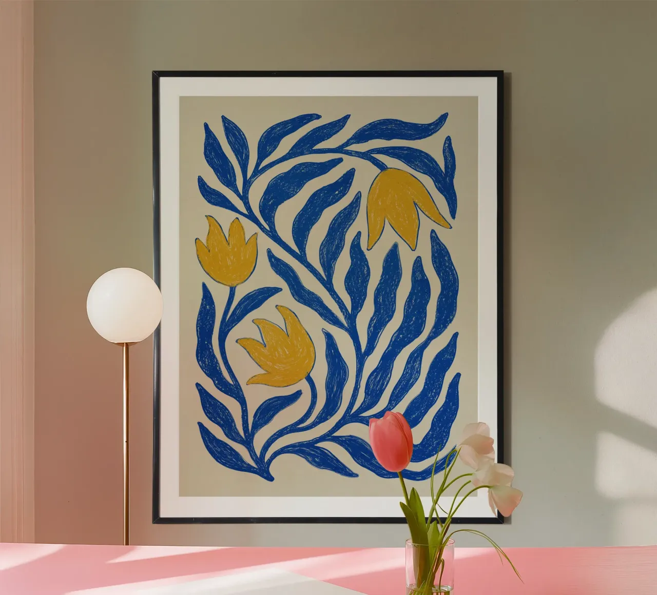 Yellow Flower and Blue poster con telaio in legno da artesutileco