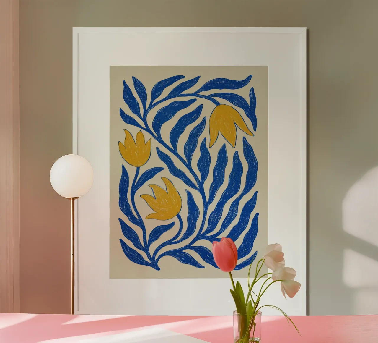 Yellow Flower and Blue poster con telaio in legno da artesutileco