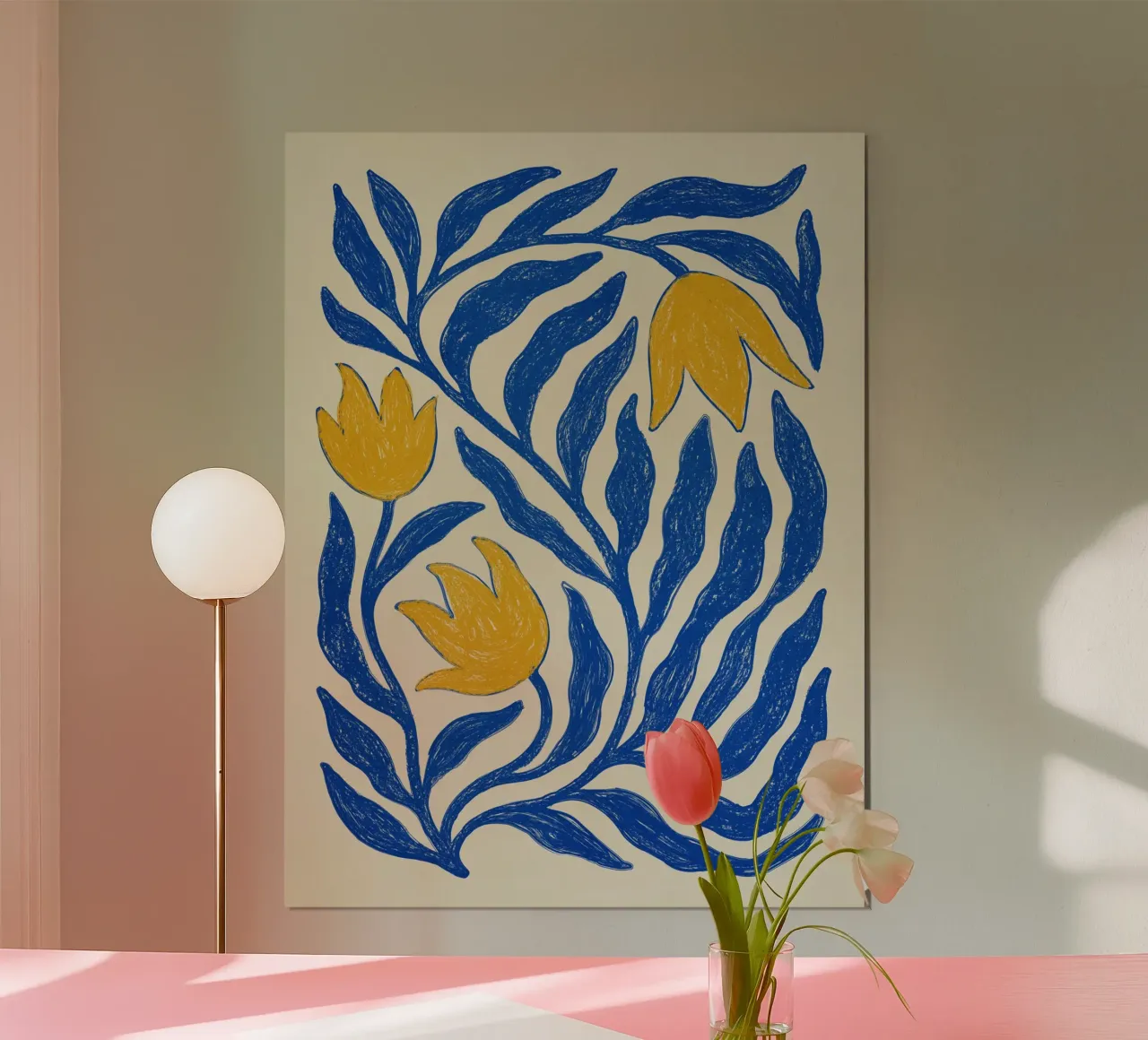 Yellow Flower and Blue poster con telaio in legno da artesutileco