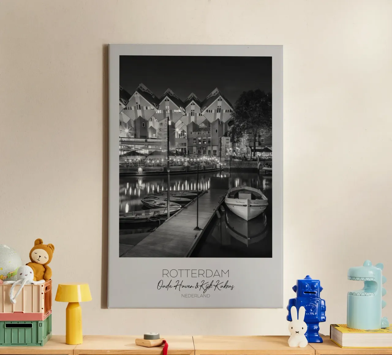 In primo piano: ROTTERDAM Oude Haven con il cubo Kijk tela con Cornice a cassetta da Melanie Viola