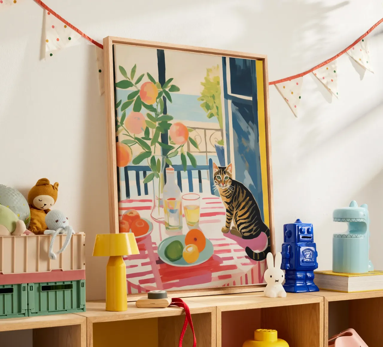 The striped cat sits at the window in the sun canvas with Floater frame by Autofocus