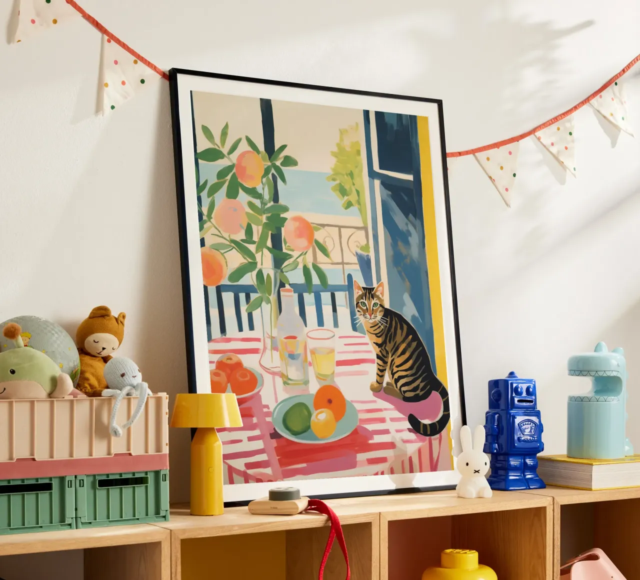 The striped cat sits at the window in the sun poster with aluminum frame by Autofocus