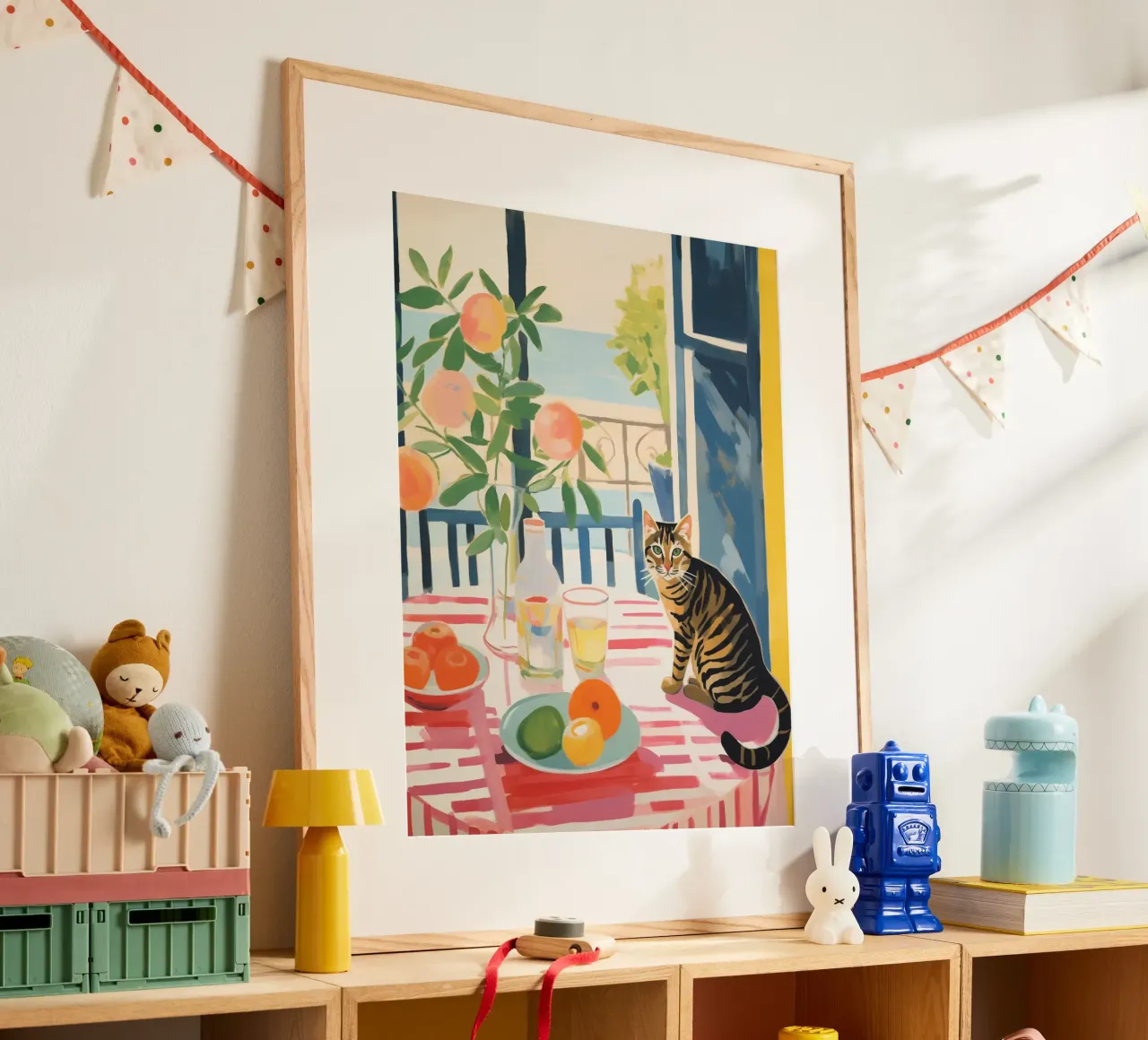 The striped cat sits at the window in the sun poster with aluminum frame by Autofocus